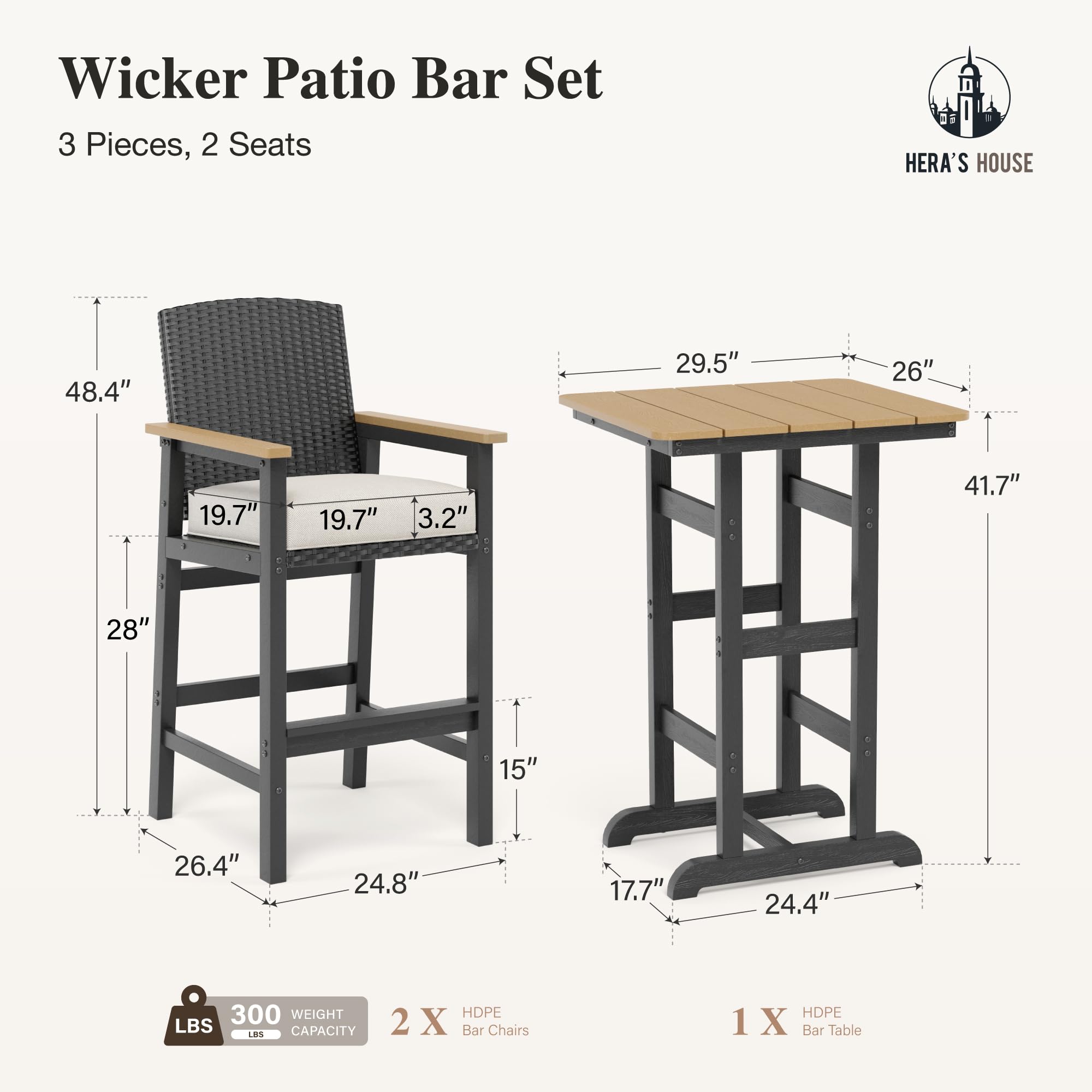 3-Piece Outdoor HDPE Bar Set with Wicker Stools