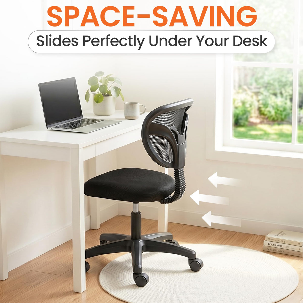 NEO CHAIR Small Office Chair with Wheels, Armless Mesh Desk Chair, Black