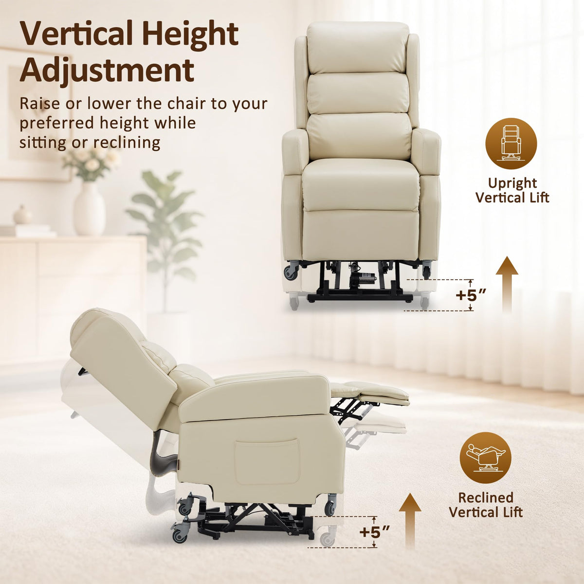 MCombo Power Lift Recliner Chair with Wheels for Elderly 7118 (Cream White)