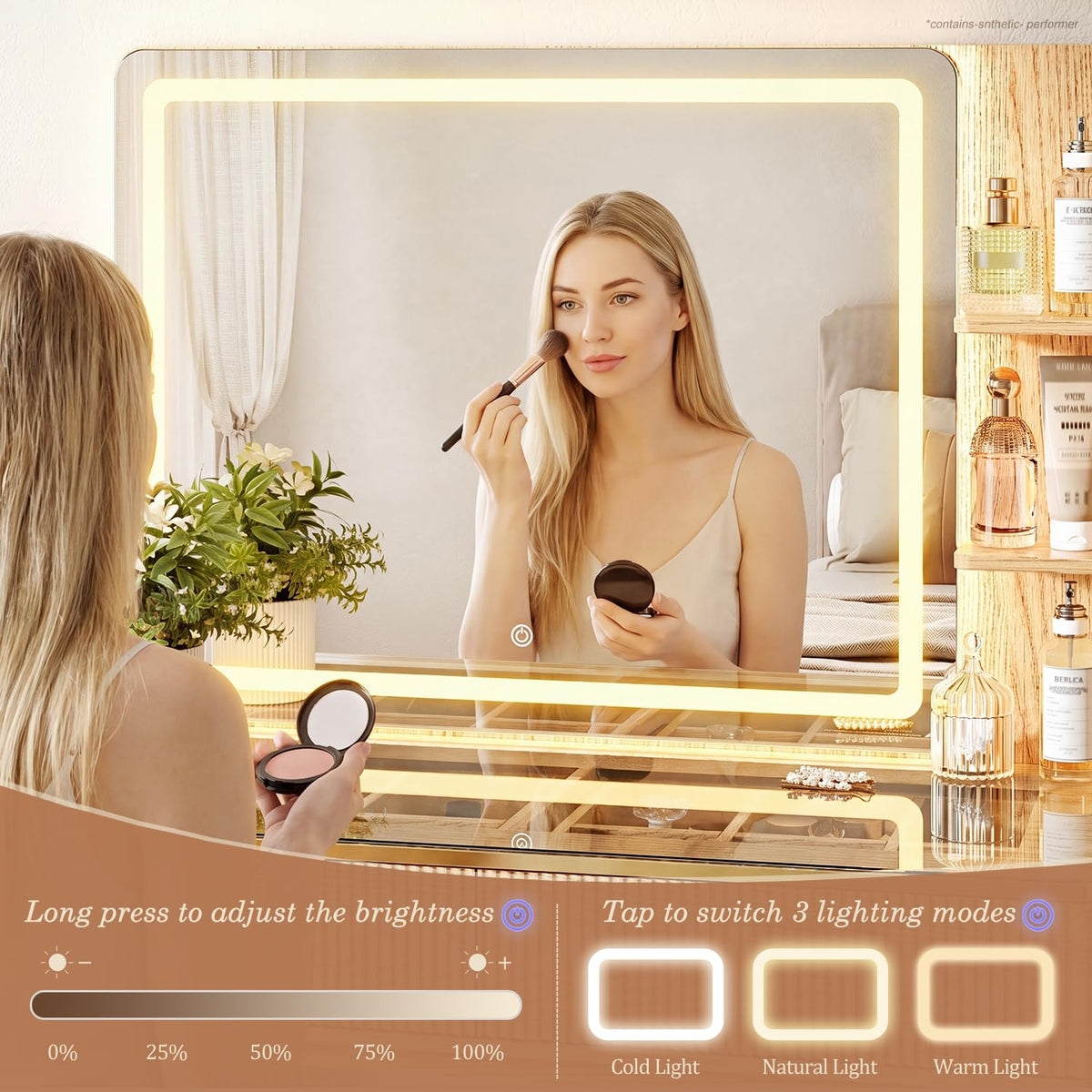 Arulvmrn Vanity Desk with 29.53" HD Lighted Mirror, 47.24" Big Modern Vanity Desk with Mirror and Lights, Makeup Vanity with 5 Drawers and Storage Shelves and Charging Station, Oak