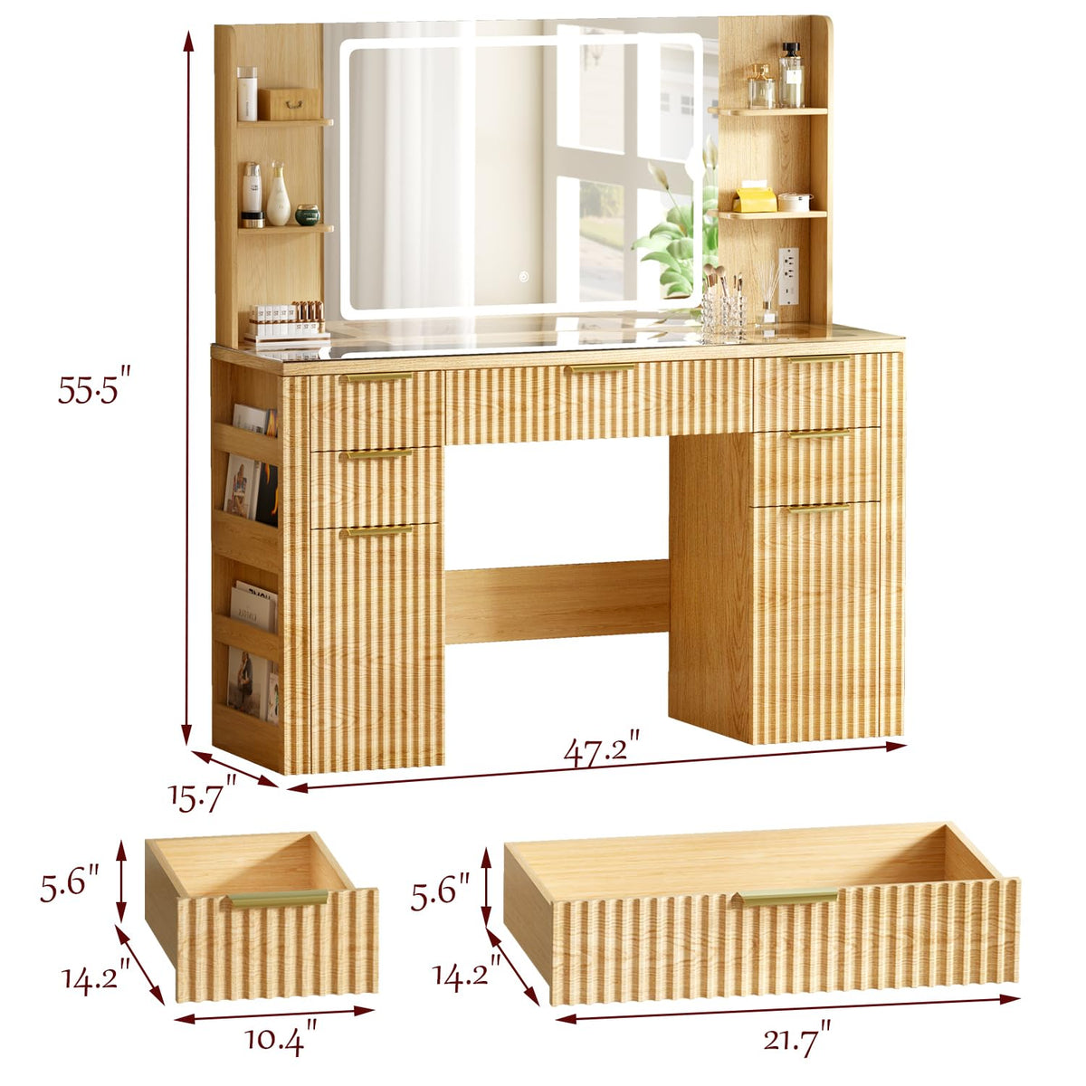 Fluted Makeup Vanity with Lighted Mirror