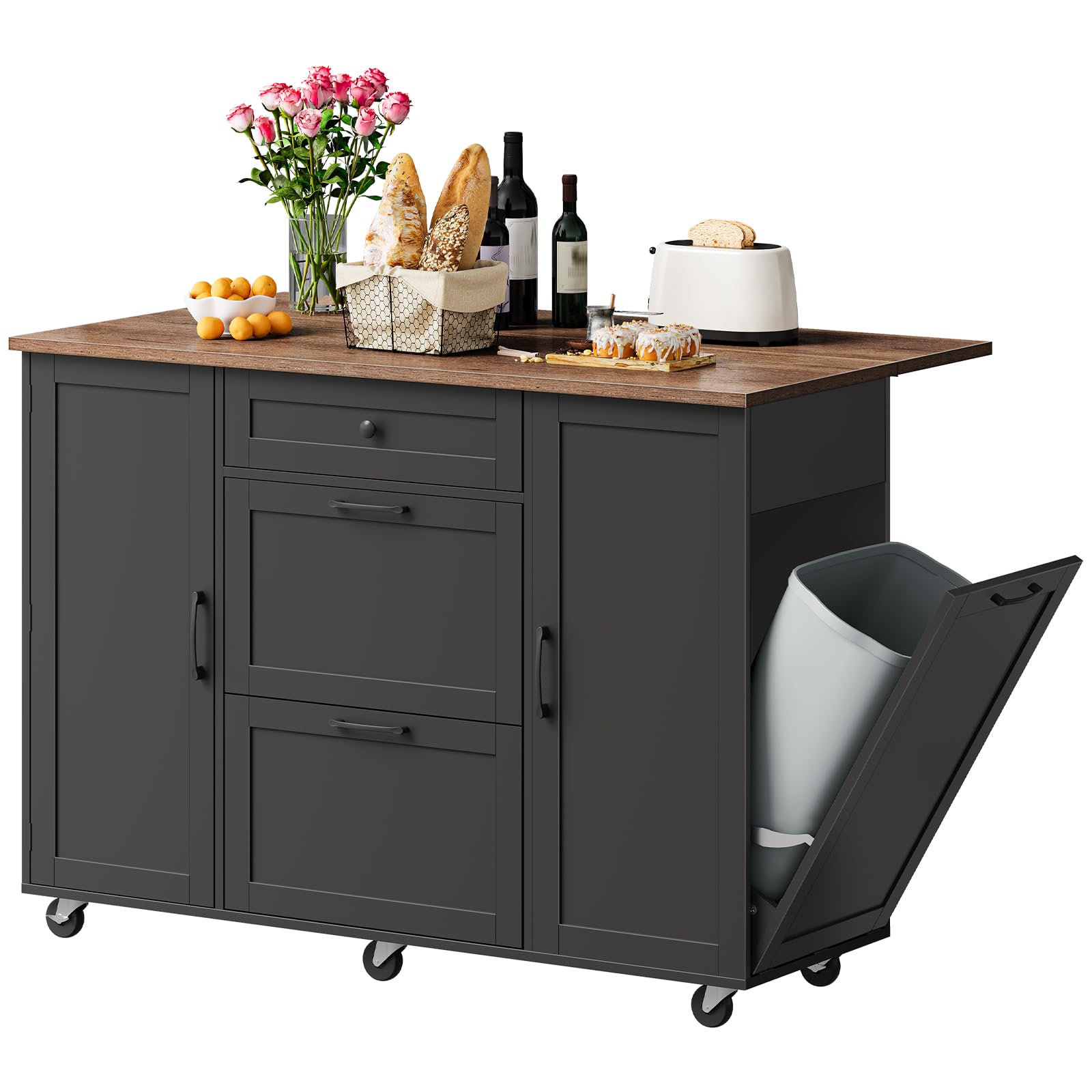 CHOEZON Kitchen Island with Trash Can Cabinet, Drop-Leaf Tabletop & 6 Wheels, 51.2-Inch Rolling Kitchen Cart with Fridge Shelf, Drawers & Adjustable Shelves, Farmhouse Style, Black and Walnut MZD07BL