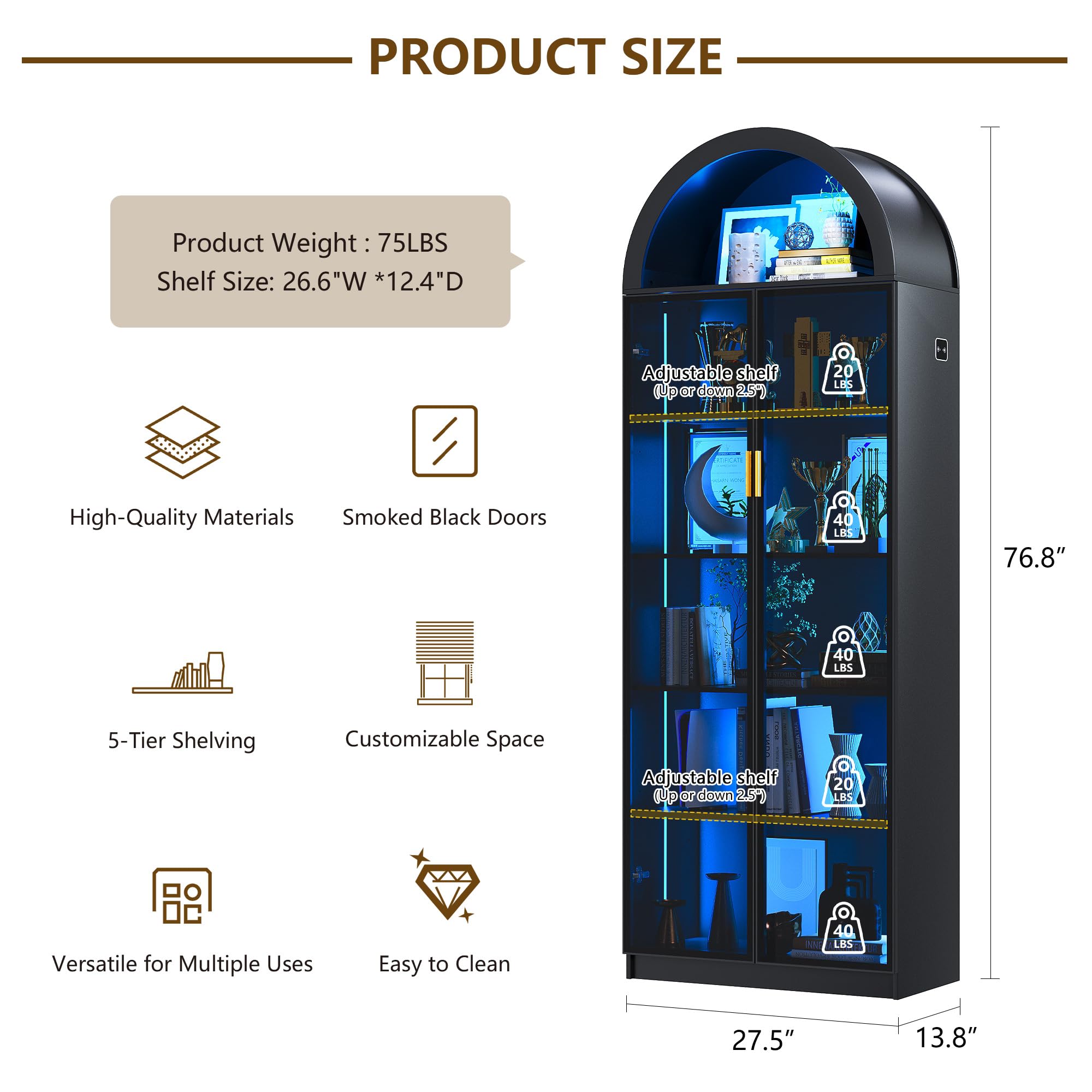 Arched Display Cabinet with LED Lights, 6-Tier Curio Cabinet with Adjustable Shelves