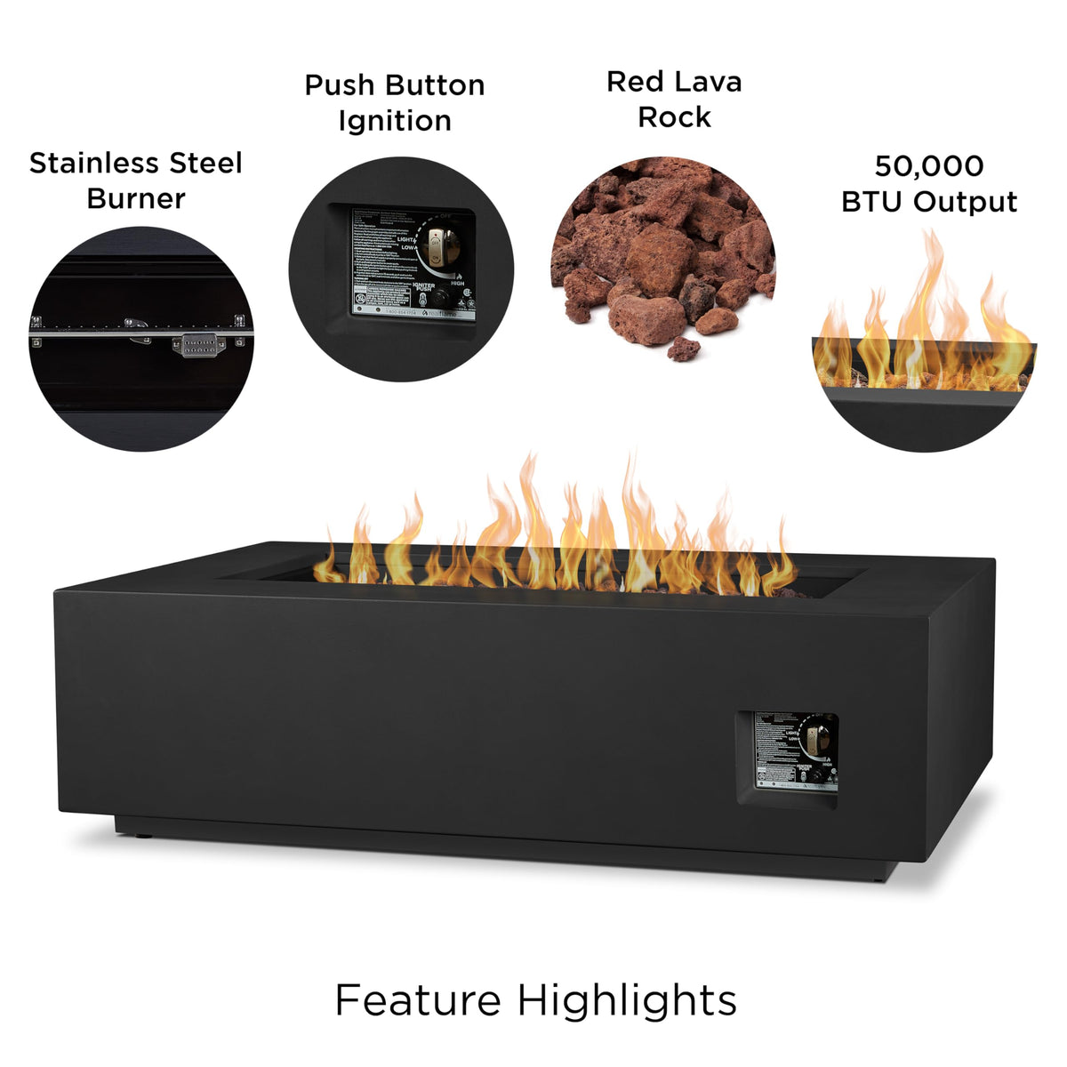Real Flame Aegean 50in Rectangle Propane or Natural Gas Fire Pit Table, 50,000 BTU, Powder-Coated Steel, Push-Button Ignition, Lava Rock, Storage Cover, Stainless Steel Burner with Lid - Black