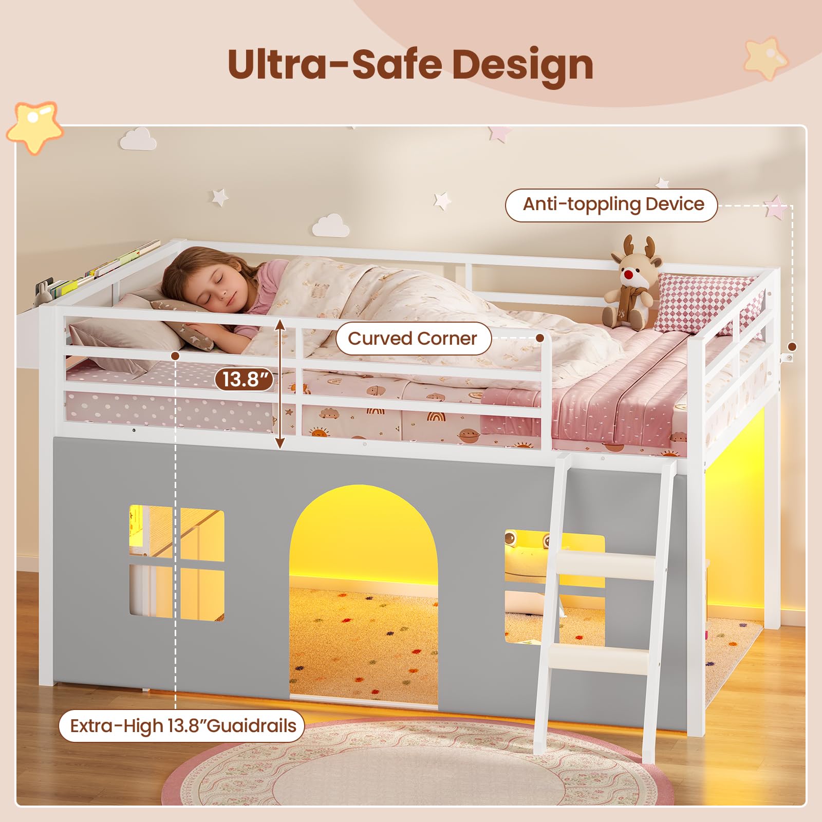 ADORNEVE Low Loft Bed Twin Size with Tent, 5 Storage Drawers, LED Lights, Metal Kids Loft Bed with Bookcase & Under-Bed Play Space,Twin Loft Beds with 13.8''H Safety Guardrail,Inclined Ladder, White
