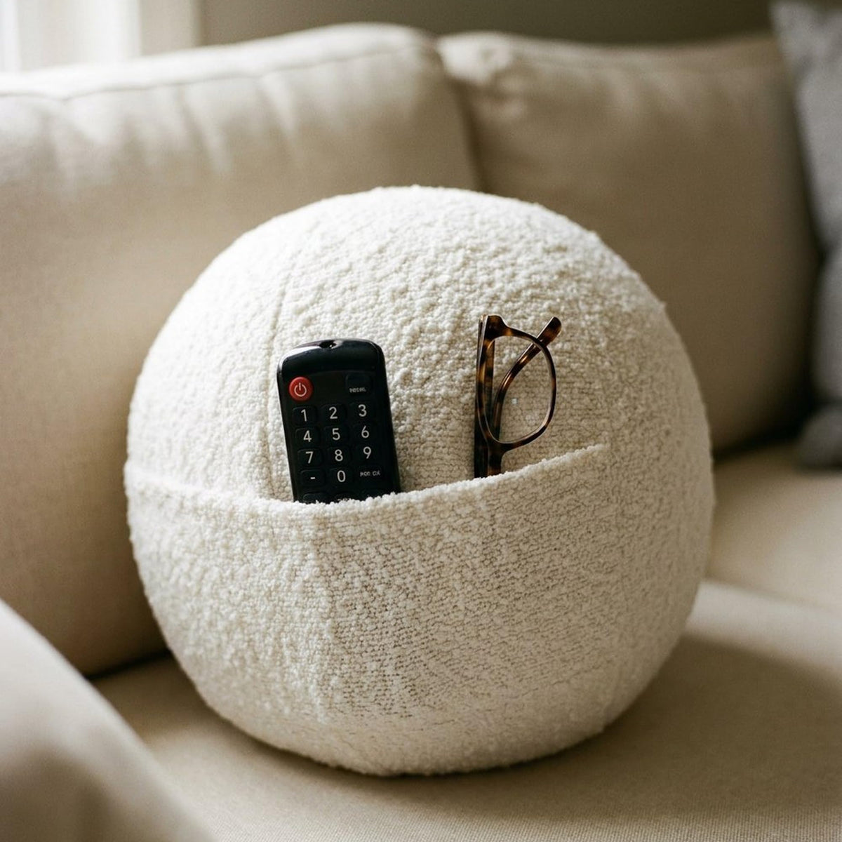 COZELA Orb Bouclé Sphere Pillow, 12 Inch Ergonomic Back & Arm Support, 600 GSM Textured Décor Throw Pillow with Hidden Pocket, White