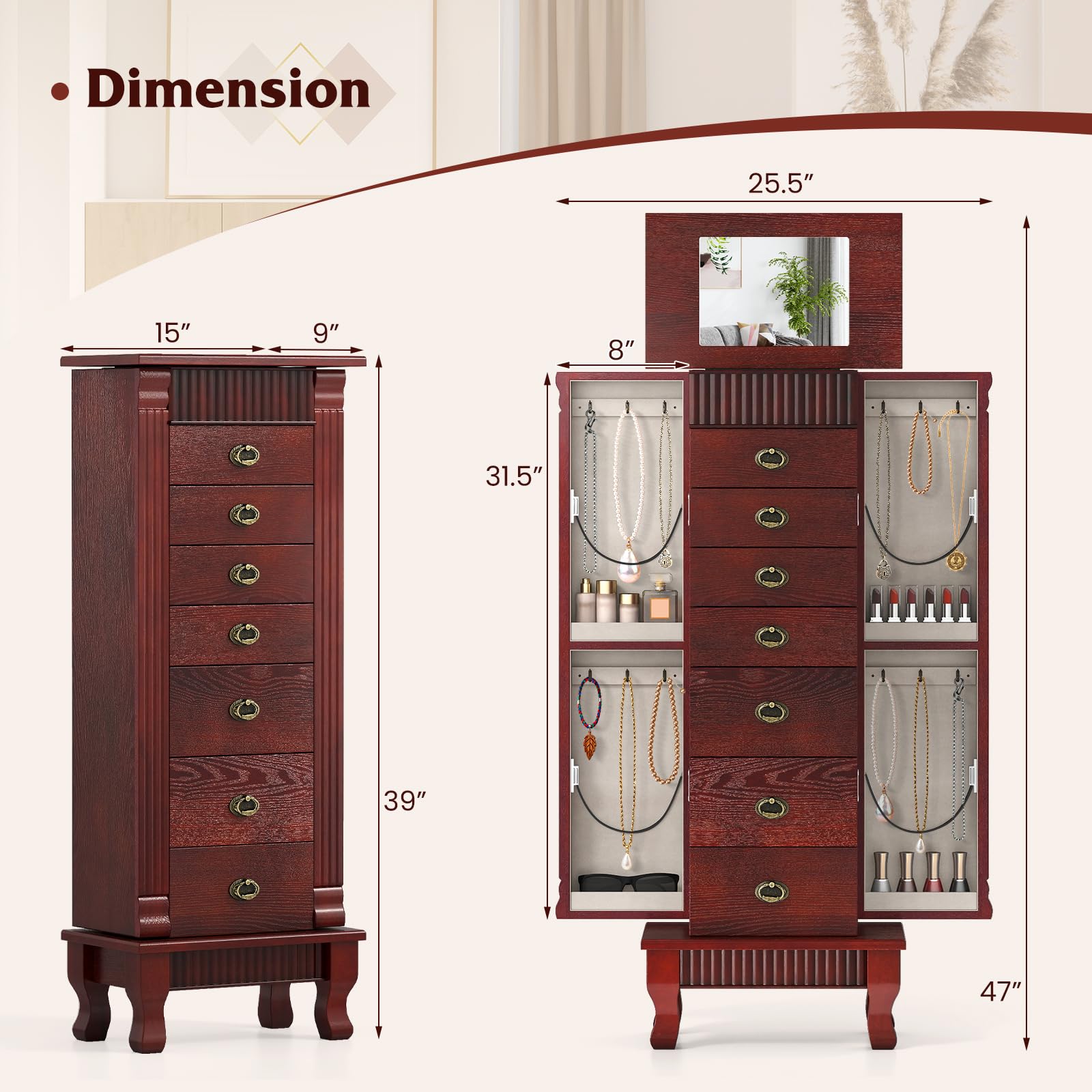 Standing Jewelry Cabinet with Mirror & Drawers