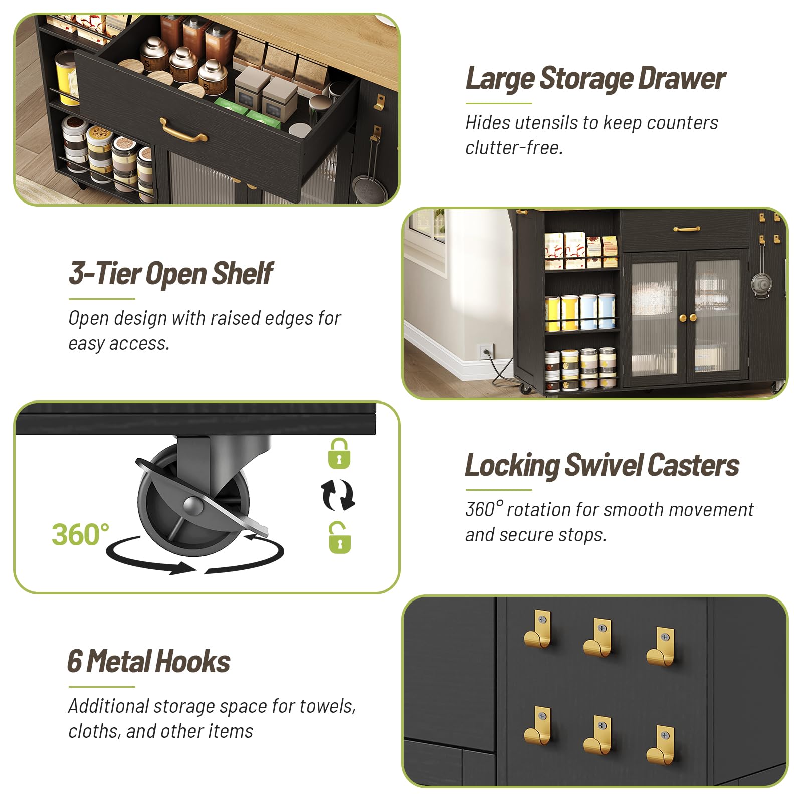 STHYTON Kitchen Island with Drop-Leaf and Charging Station, Mobile Kitchen Cart on Wheels, 2 Storage Drawers, Trash Cabinet, 3-Tier Open Shlves, Island Table for Kitchen, Dinner, Black and Natural