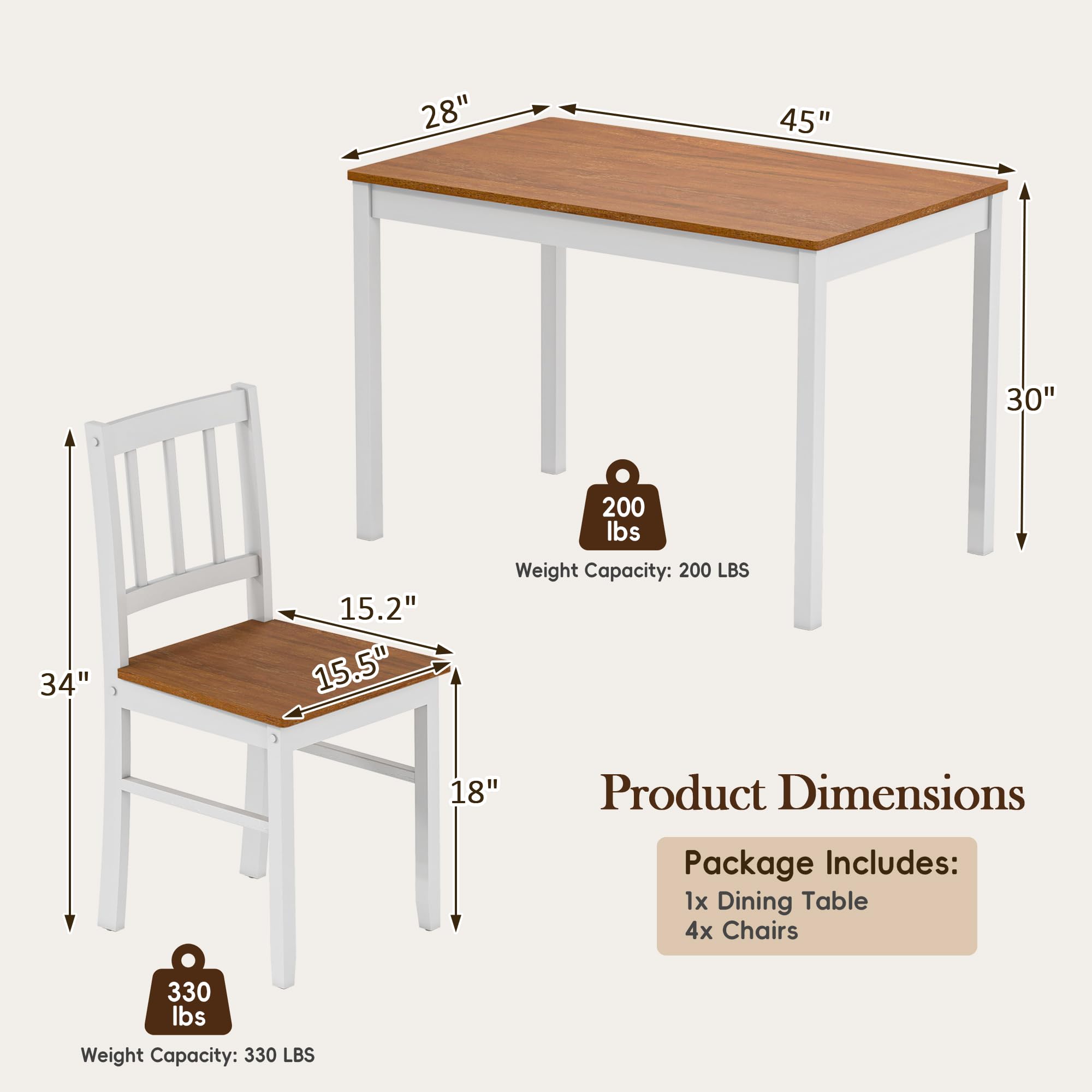 5-Piece Farmhouse Dining Table Set with 4 Chairs