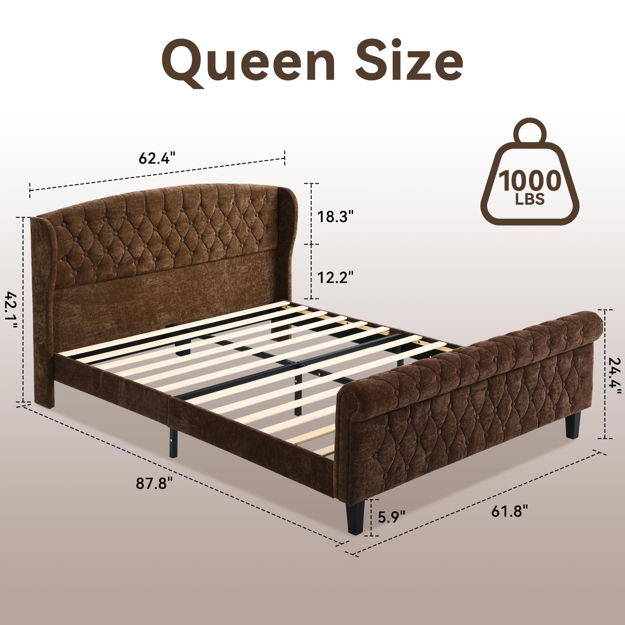 Sleigh Queen Bed Frame with Wingback Headboard