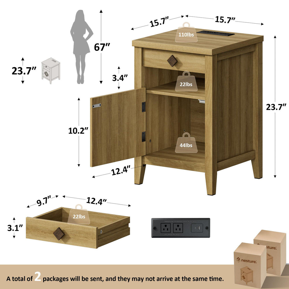 Night Stand Set of 2 with Charging Station and Drawers for Small Space,Wood Nightstand with Storage Cabinet & Drawer & Shelf, Modern and Farmhouse Nightstand for Bedroom,Oak