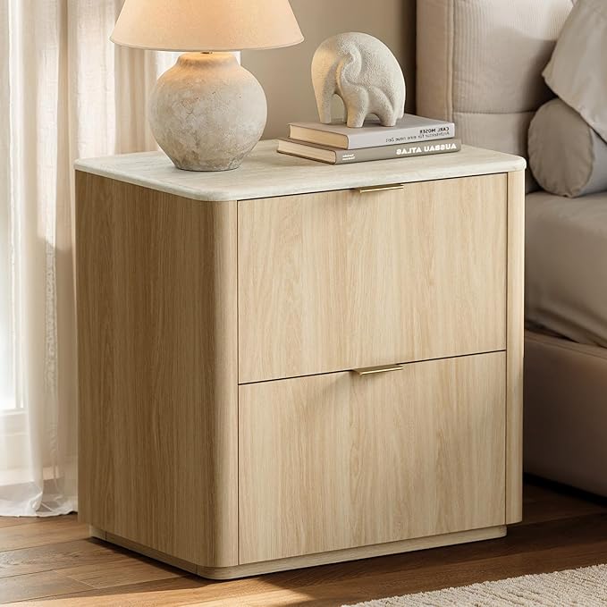 Nightstand Set of 2 with Drawers, Faux Travertine Top