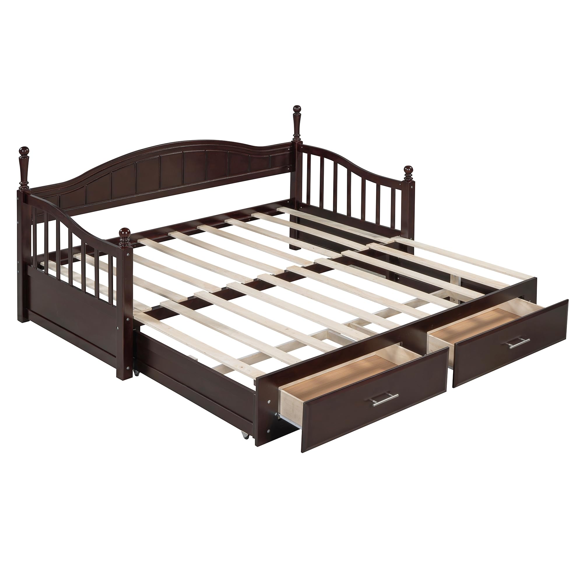 Merax Modern Wood Daybed with Pop Up Trundle Twin to King Extendable Sofa Bed Frame for Kids Teens Adults/No Box Spring Needed Espresso