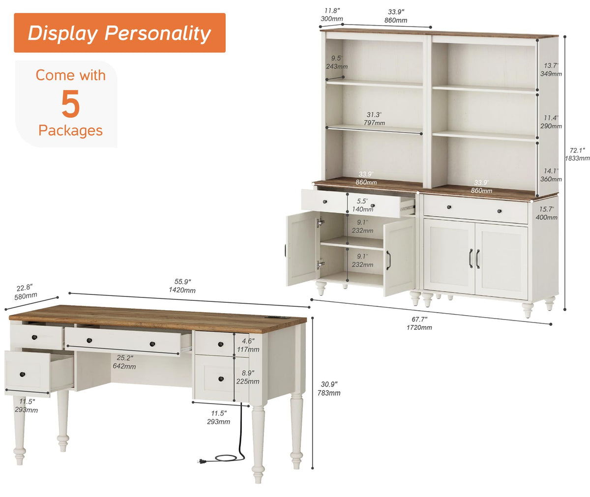 WAMPAT Home Office Furniture Set, 56" Executive Desk with Charging Station, 72" Tall Bookcase with 4 Doors and 2 Drawers, Wood Computer Desk with File Cabinet Storage, Open Shelf, White