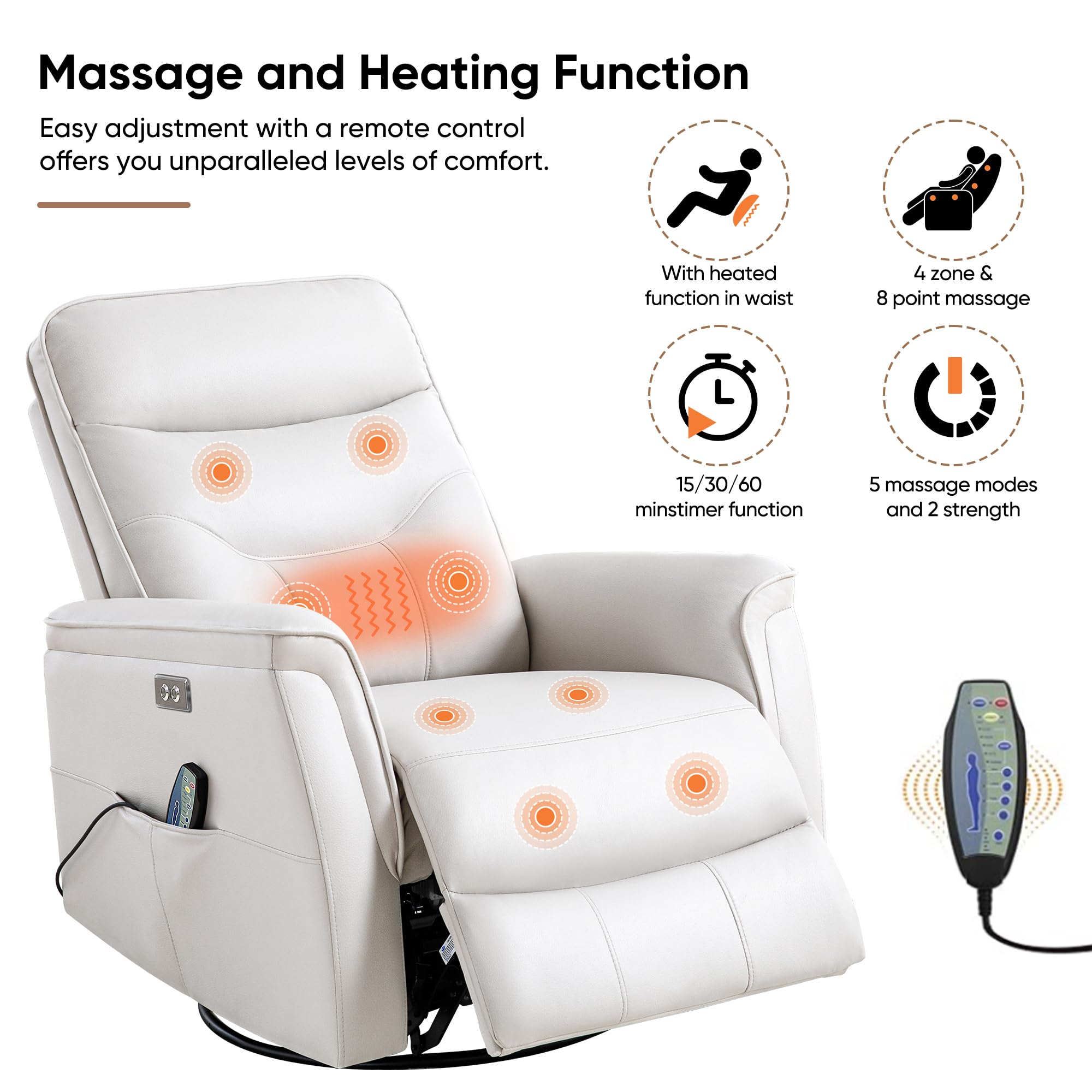 choairy Recliner Chair for Adults, Power Faux Leather Rocker Recliner Massage and Heat, Oversized Swivel Reclining Nursery Chair with USB Ports for Living Room, Office Beige