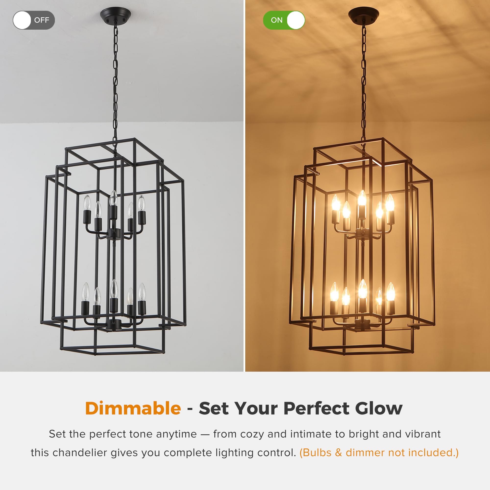 Xuridongsheng Large Lantern Chandelier for Entryway Foyer, 2-Tier Matte Black Cage Chandelier, 10-Light Hanging Light Fixture for High Ceiling Staircase Living Room
