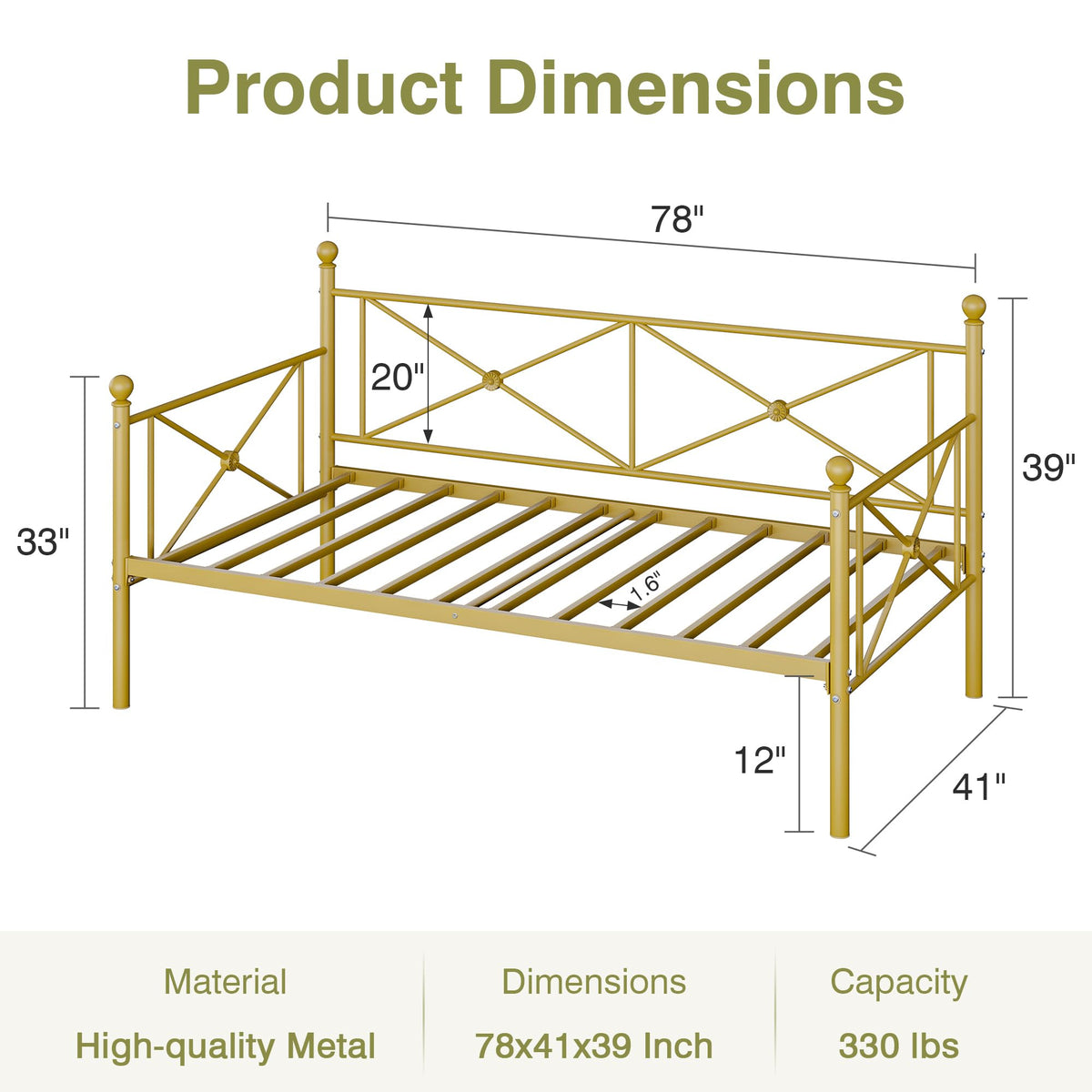 VECELO Daybed Twin Size, Day Bed Frame with Headboard, Heavy-Duty Metal Slats Support Platform for Living Room, Guest Room, Easy Assembly, Gold