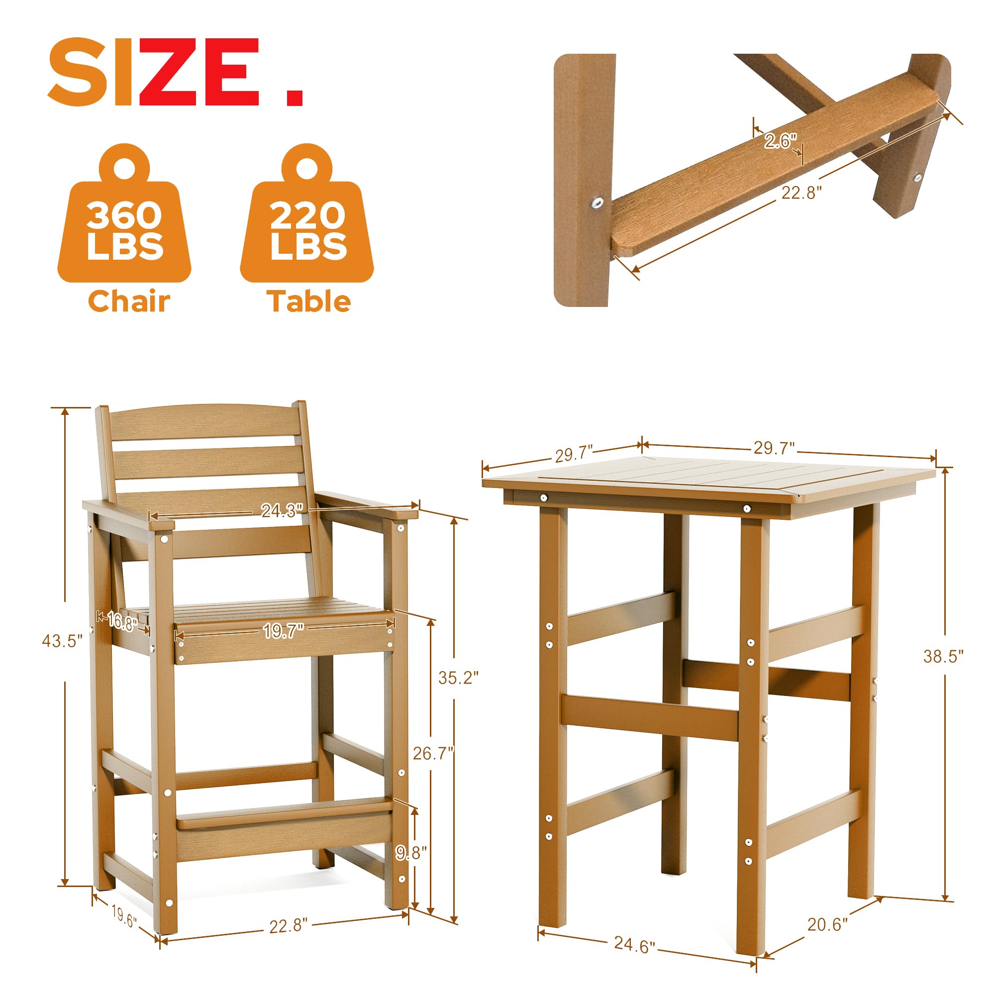 3-Piece Outdoor HDPE Patio Bar Set with 2 Chairs and Table