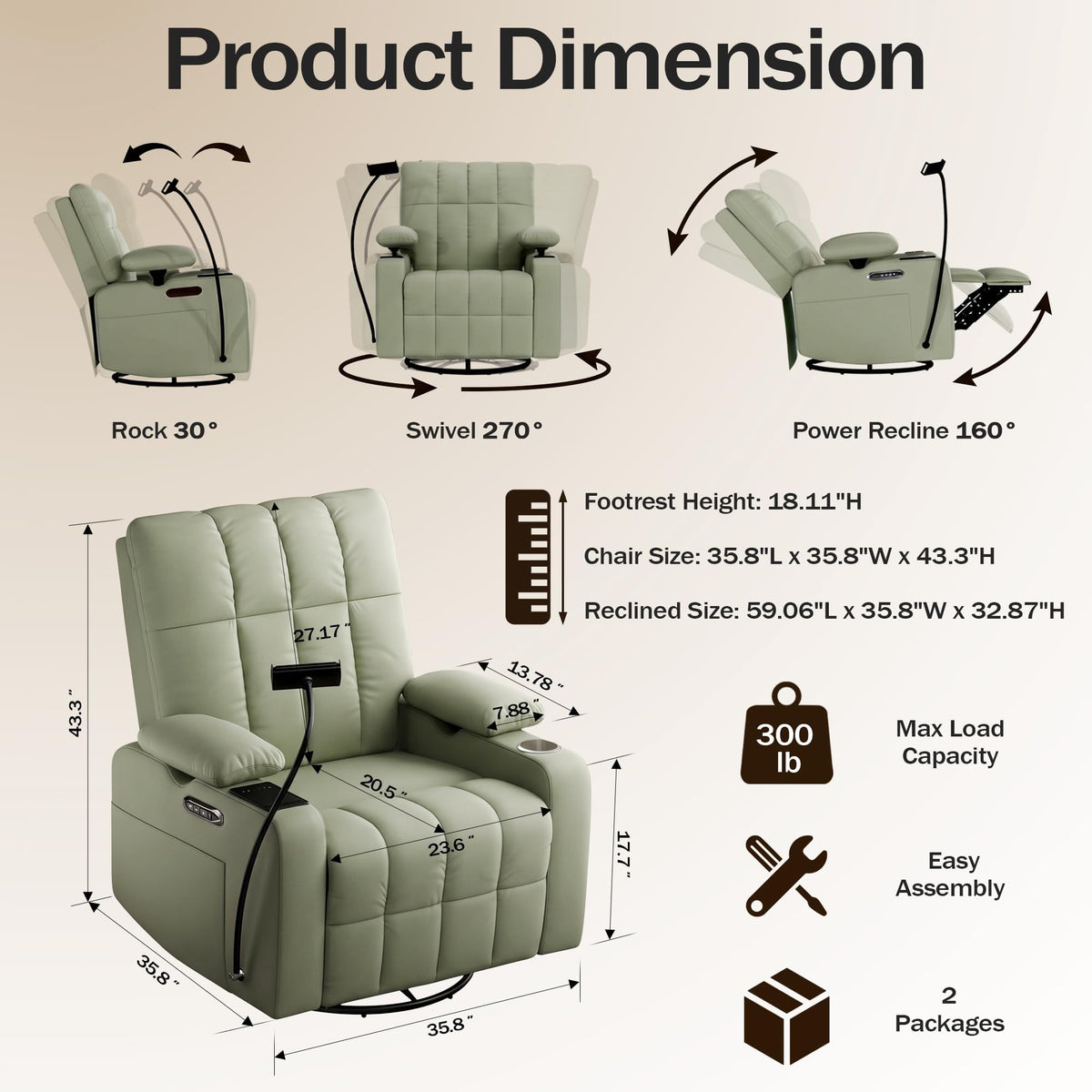 Power Glider Recliner Nursery w/ Adjustable Armrest Lumbar Headrest