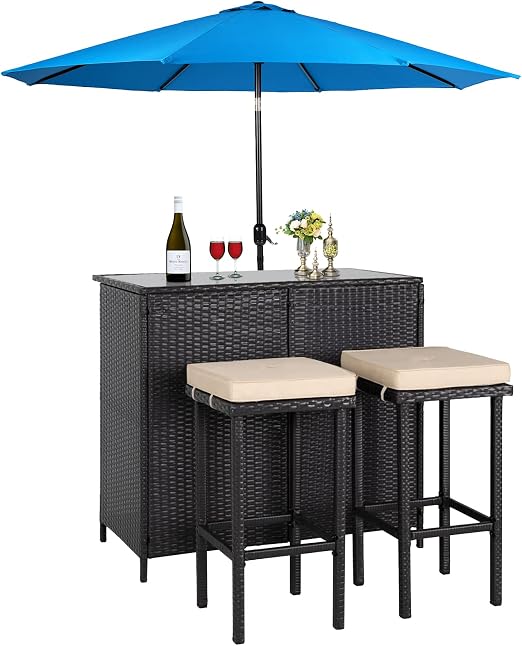 3-Piece Wicker Patio Bar Set with Stools & Glass Top Table