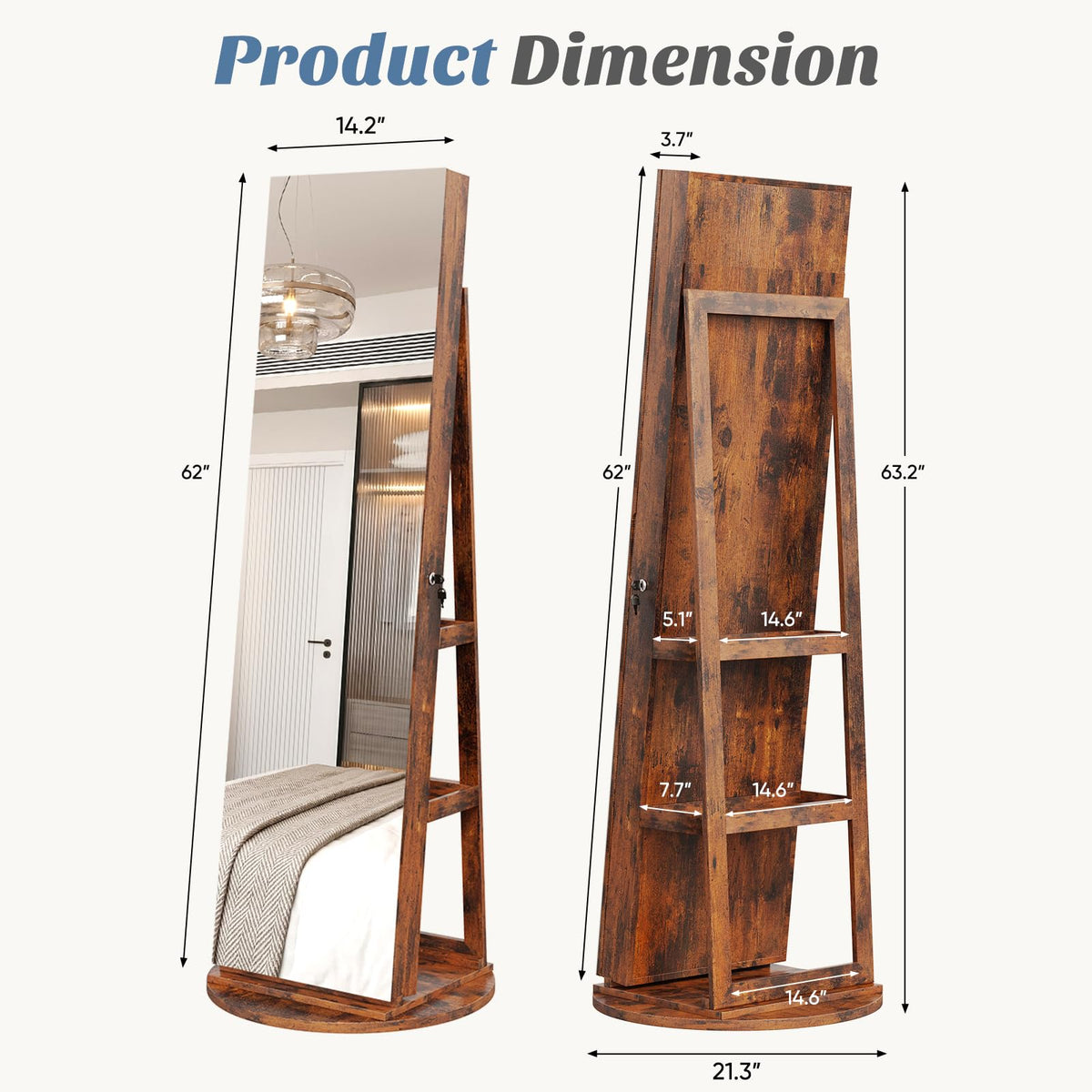 OLIXIS 360° Swivel Jewelry Cabinet with Light, Lockable Full Length Mirror