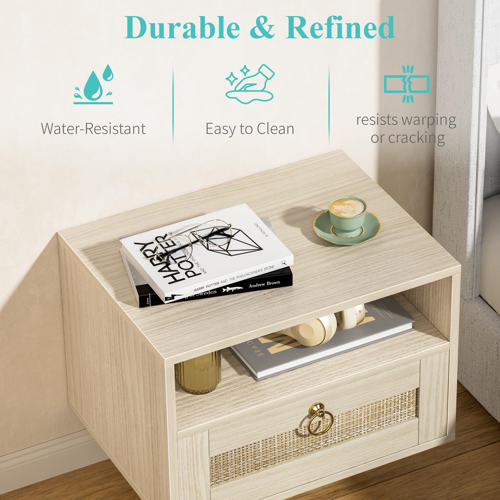 IGERI Floating Nightstand Set of 2 with Drawer for Wall Mounted Hanging Rattan Night Stand Bed Side Tables Wooden End Table Small Boho Dressers for Bedroom Farmhouse Shelves with Drawers