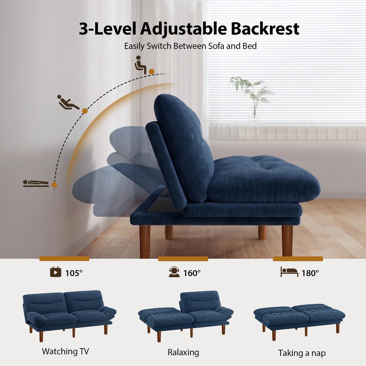 Pipishell 66 inch Convertible Futon Sofa Bed, Corduroy, Blue