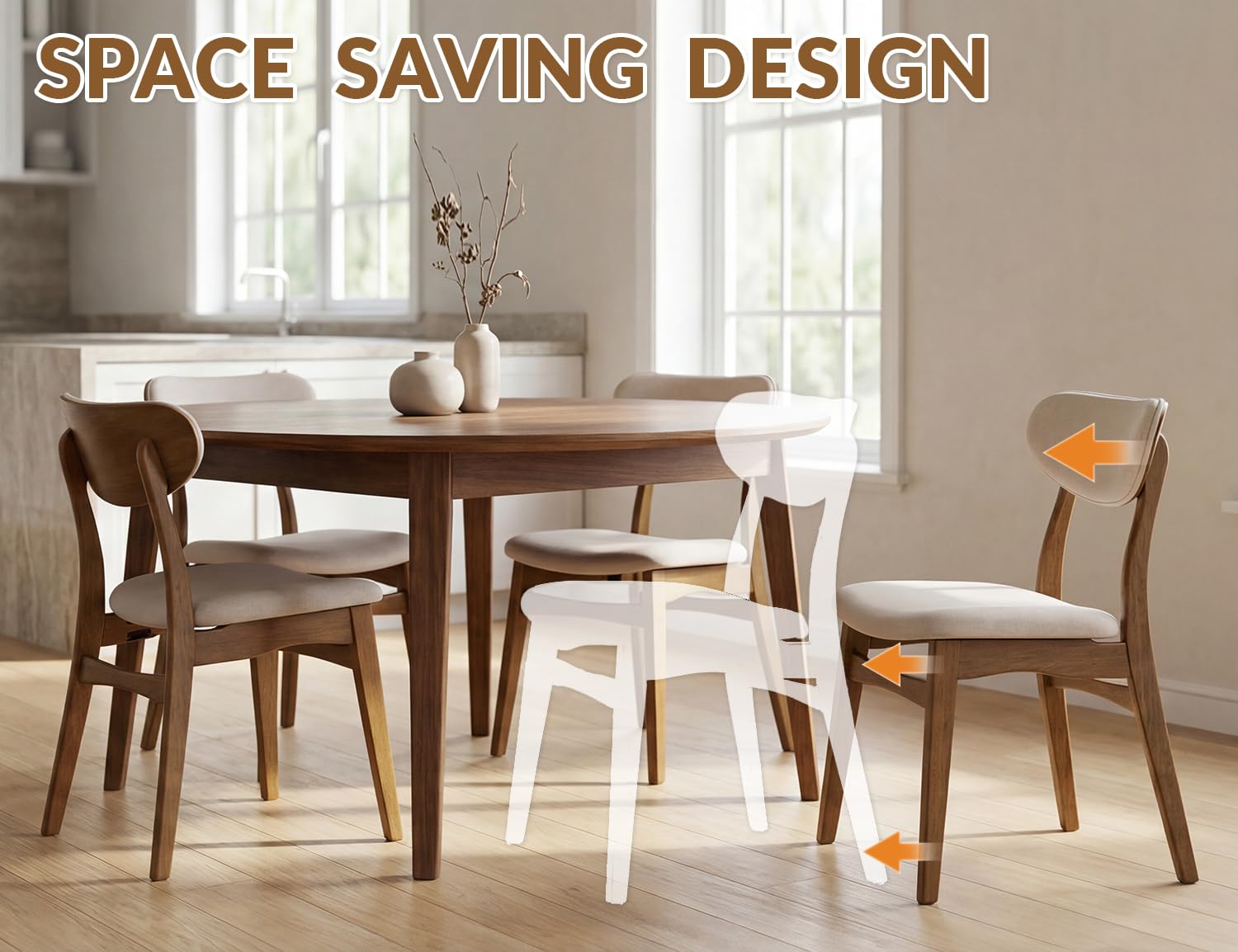 Upholstered Dining Chairs Set of 4, Mid-Century Modern, Beige & Walnut