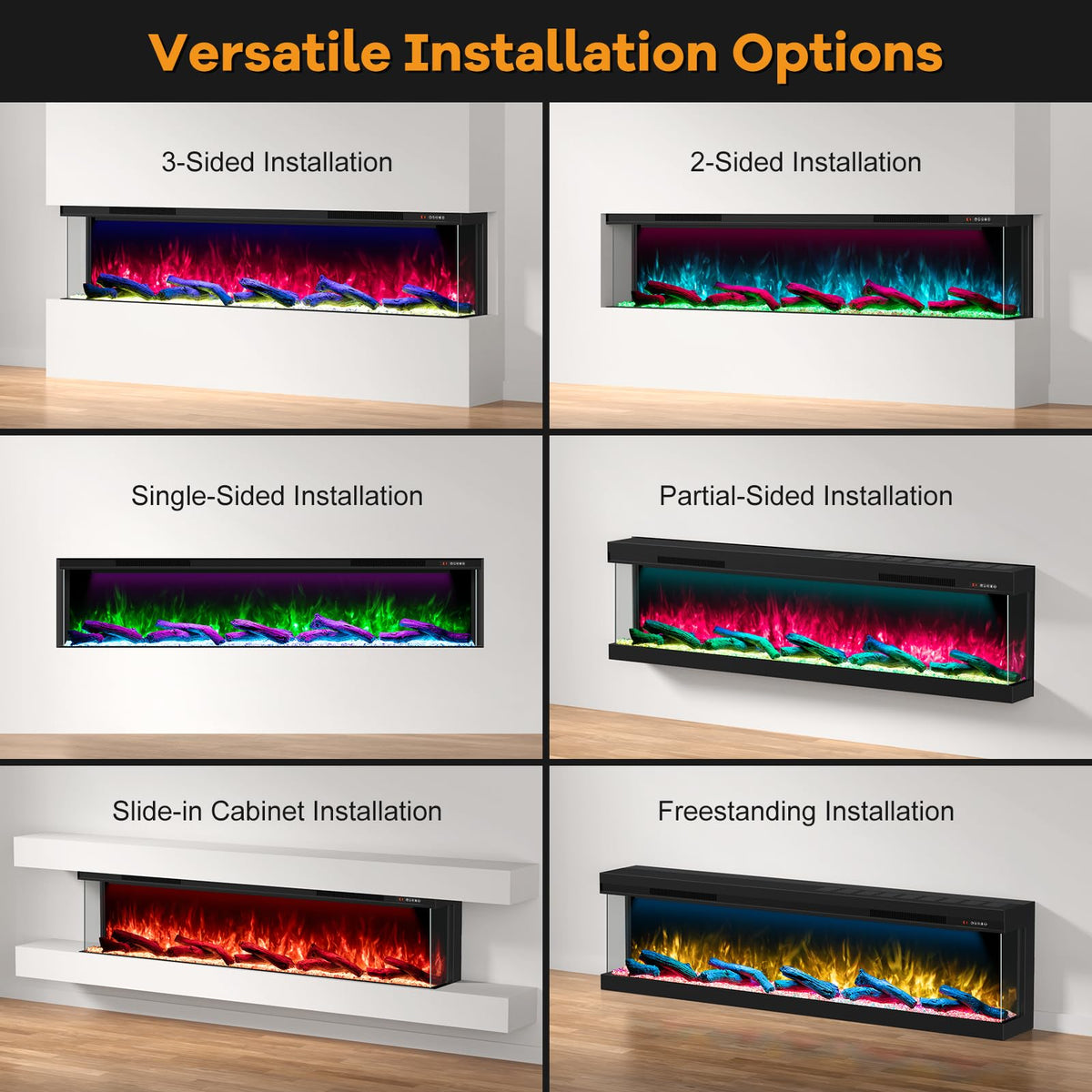 STRICWARM 100" 3-Sided Electric Fireplace Inserts WiFi Recessed Heaters