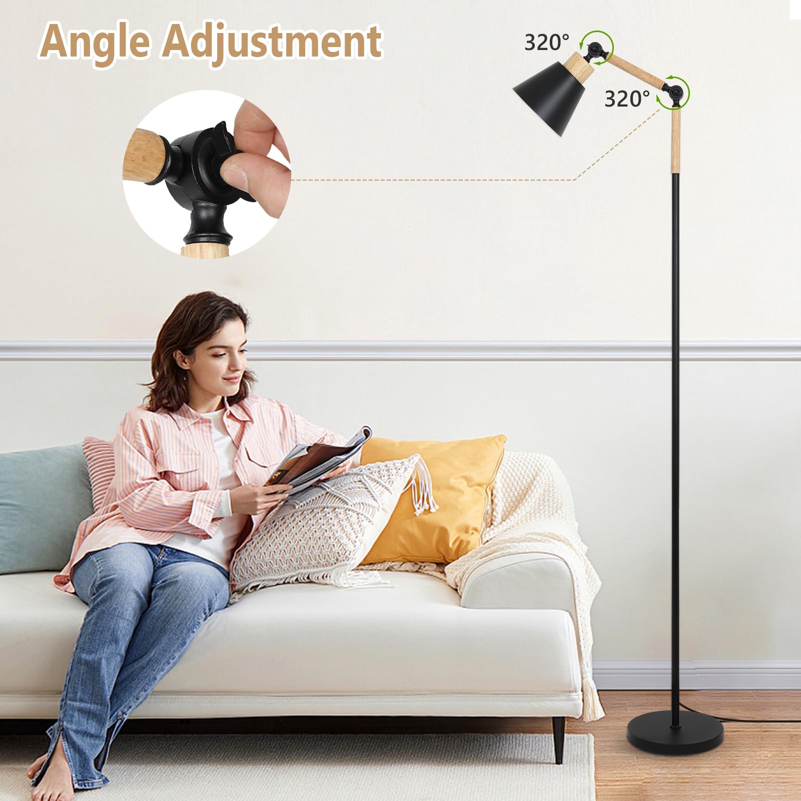 HMVPL Farmhouse Floor Lamp for Living Room, Rustic Standing Lamp with 5W 3000K Bulb, Wood Corner Floor Lamp with Foot Switch, Height Adjustable, Boho Pole Tall Lamp for Bedroom Reading Office Nursery