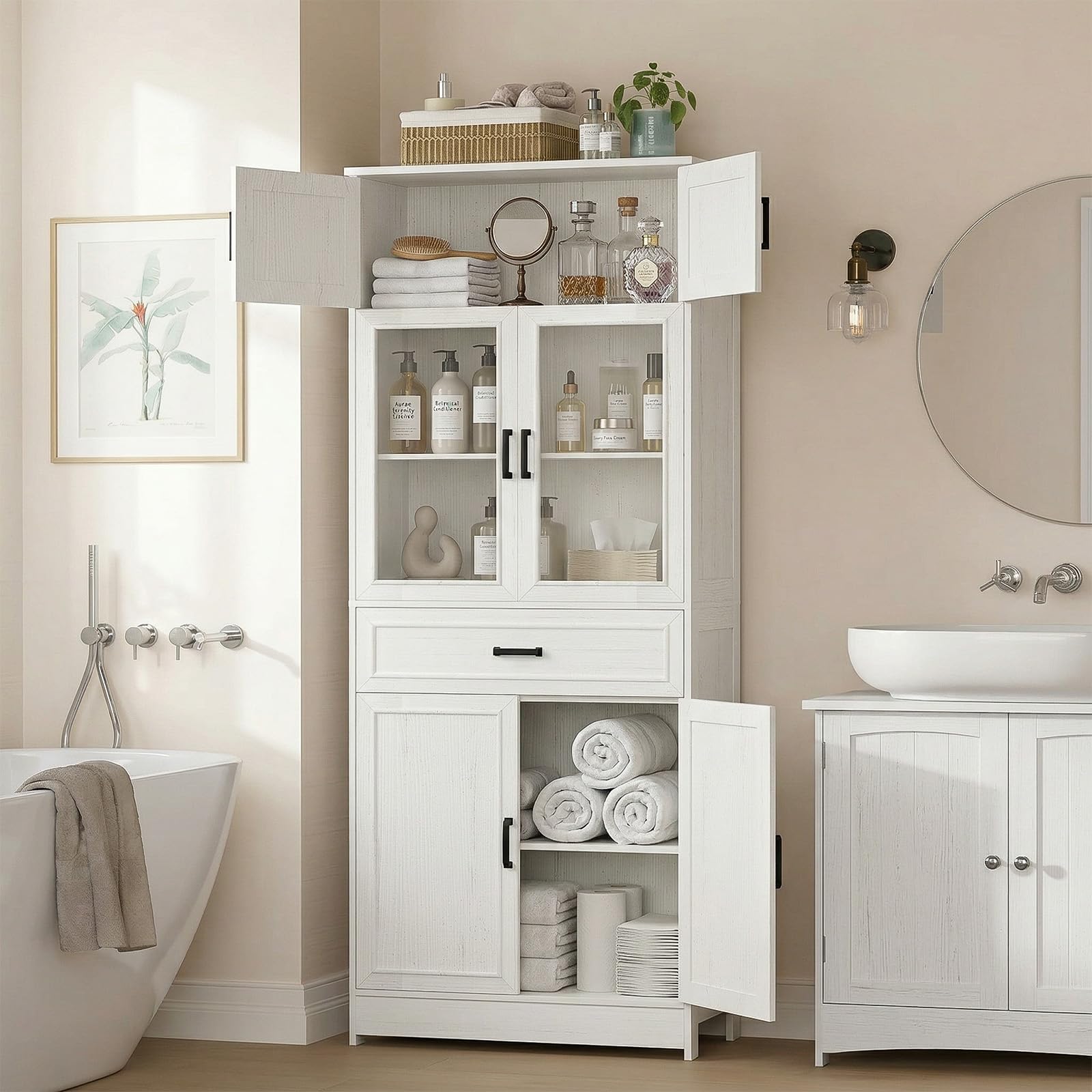 Tall Kitchen Pantry Storage Cabinet with Glass Doors