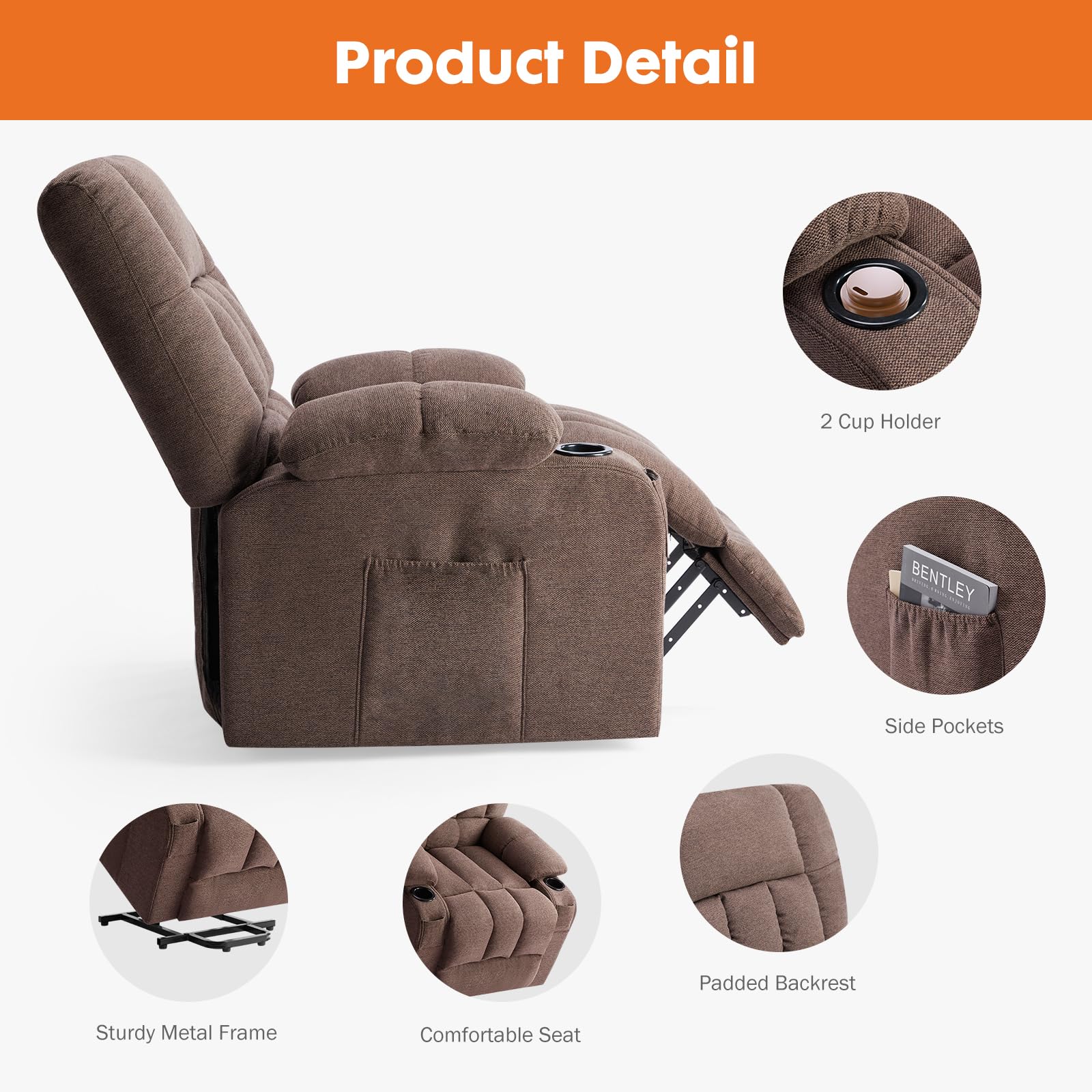 Sweetcrispy Power Lift Recliner Chair with Vibration Massage and Heat for Adults, Ergonomic Overstuffed Breathable Fabric Reclining Chair with Side Pockets, Remote Control, Living Room, Bedroom, Brown