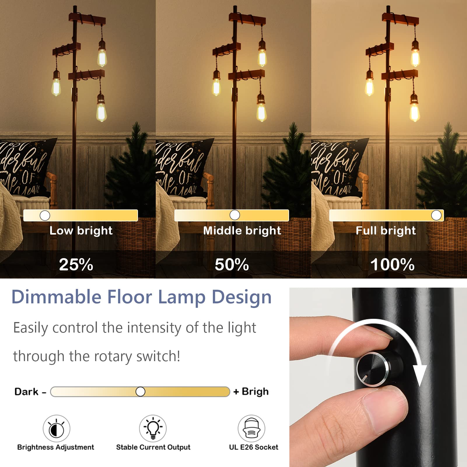 3-Head Wood Floor Lamp with Dimmable Switch