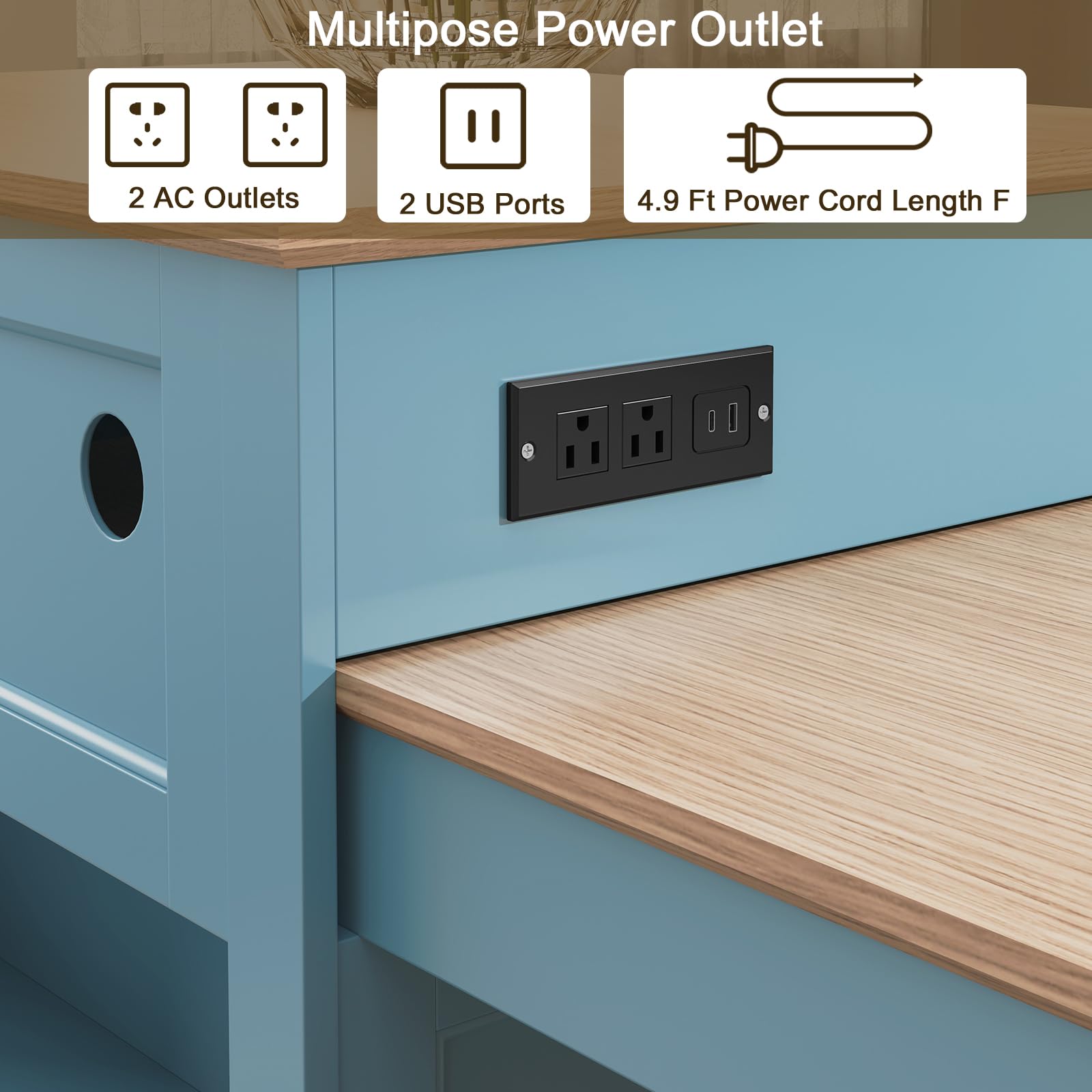 Extendable Kitchen Island with Power Outlet & Storage