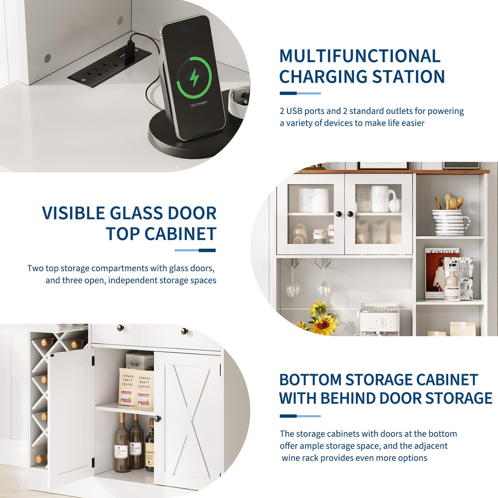 Hetoy 72" Tall Kitchen Pantry Cabinet with Power Outlet – Barn Doors, Wine Bottle Rack & Ample Storage – Modern Sideboard Buffet for Dining Room, Kitchen, or Home Bar