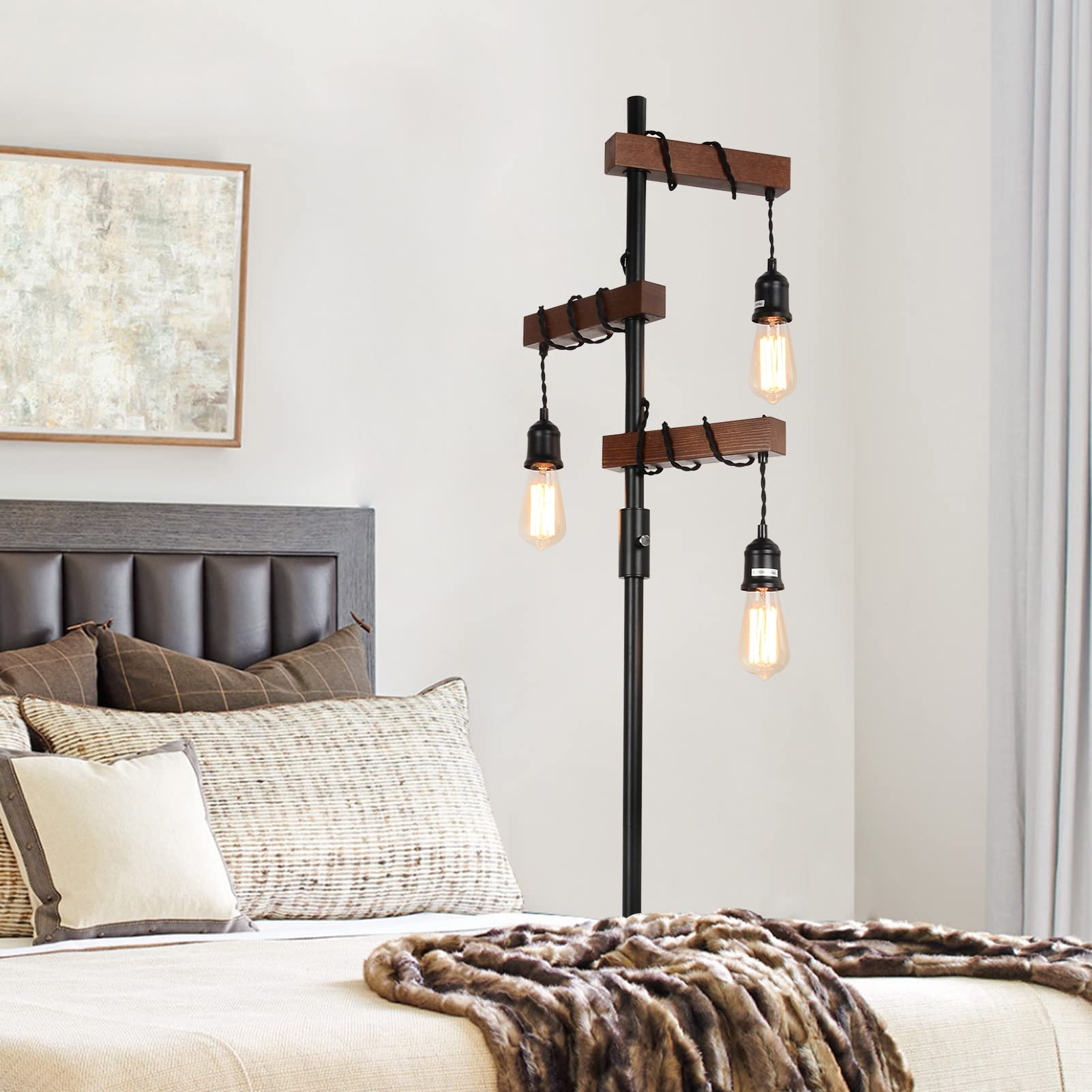 3-Head Wood Floor Lamp with Dimmable Switch