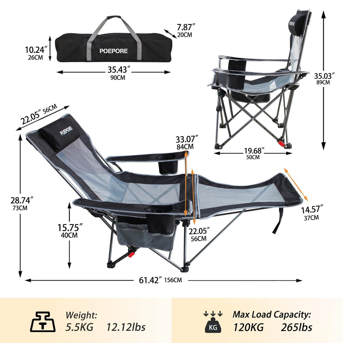 POEPORE 2-Pack Reclining Camping Chair with Removable Footrest Lounge Chair with Headrest, Cotton Cushion, Portable Adjustable Folding Chairs for Adults Black
