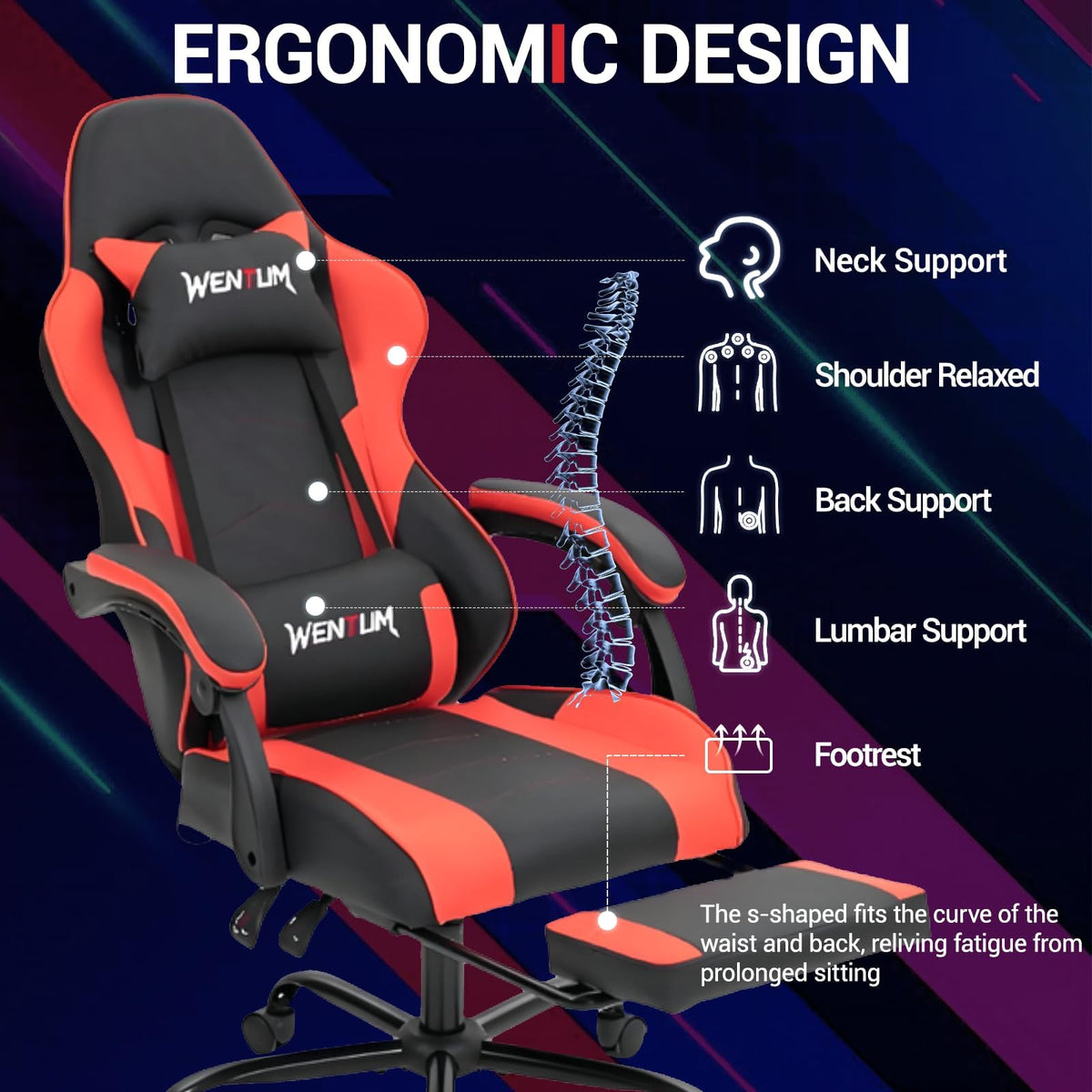 WENTUM Gaming Chair with Footrest for Adults, PU Leather Massage Racing Video Game Chair w/Lumbar Support for Men Women, Ergonomic Computer Gamer Chair for Home Office, Height Adjustable, Red