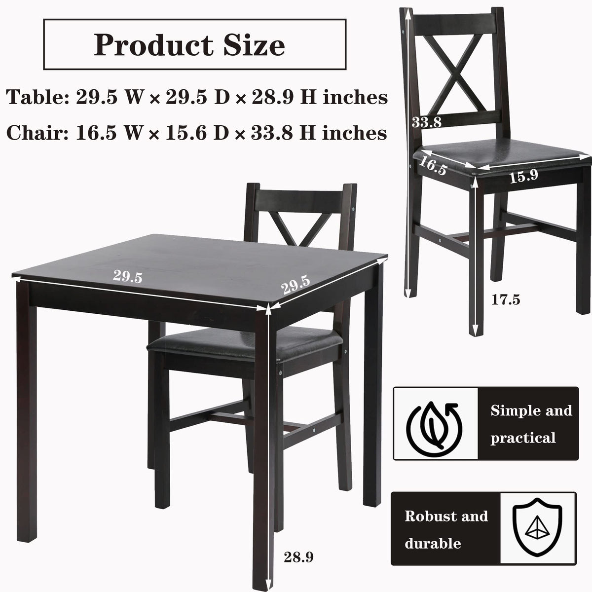 Hudada 3-Piece Solid Wood Kitchen Table Set for 2 | Pine Dining Table with Upholstered Chairs | Space-Saving Design | Smooth Easy-to-Clean Surface | for Dining Room, Apartment, Restaurant, Dark Brown