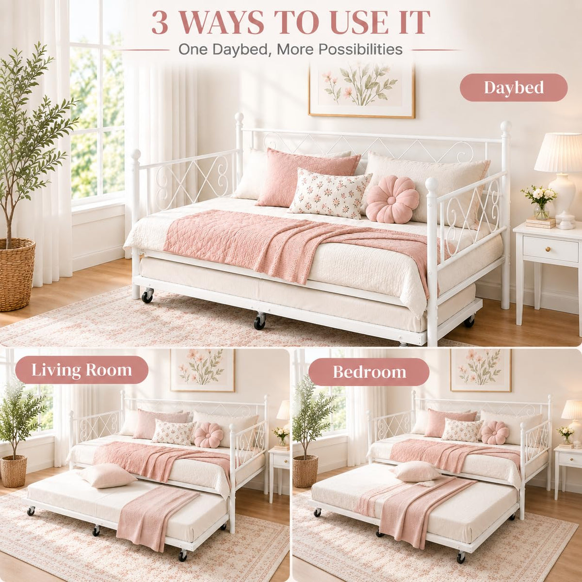 Garvee Daybed with Trundle, Heart‑Shaped Daybed with Trundle, Sturdy Metal Sofa Bed, Heavy-Duty Metal Bed Frame Support, for Living Rooms, Bedrooms, and Guest Rooms, Easy Assembly