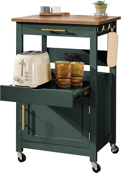 Rolling Kitchen Island Cart with Cabinet, Drawer & Outlet