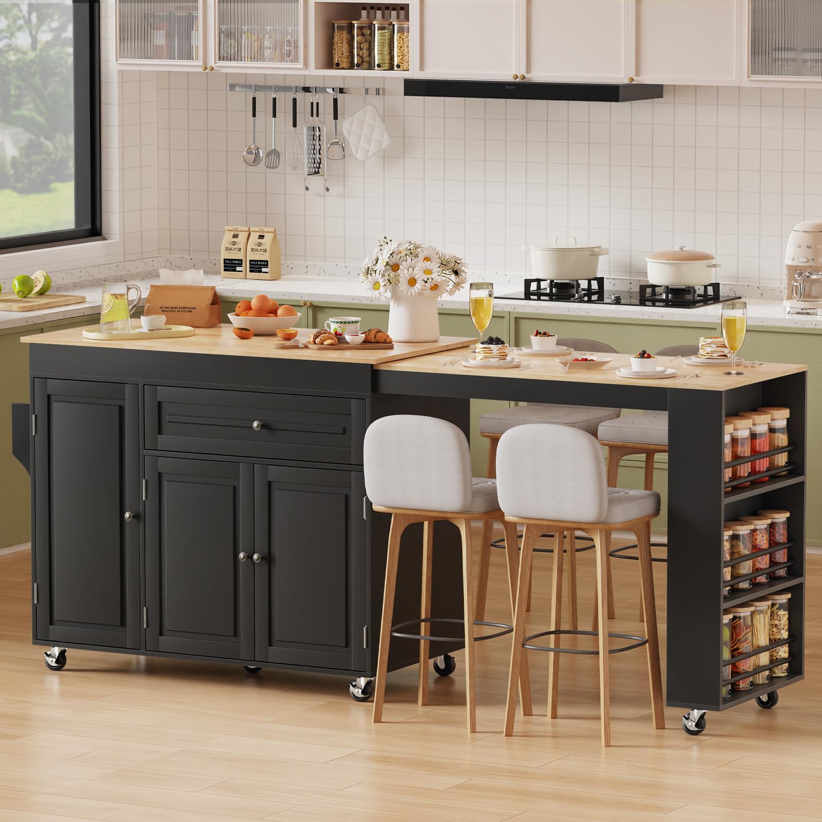 Rymeera 83" Expandable Kitchen Island on Wheels with Storage & Dining Table, Mobile Kitchen Cart with Cabinet, 3 Shelves & Drawers, Black (Extends from 48.4" to 82.6") (Black)