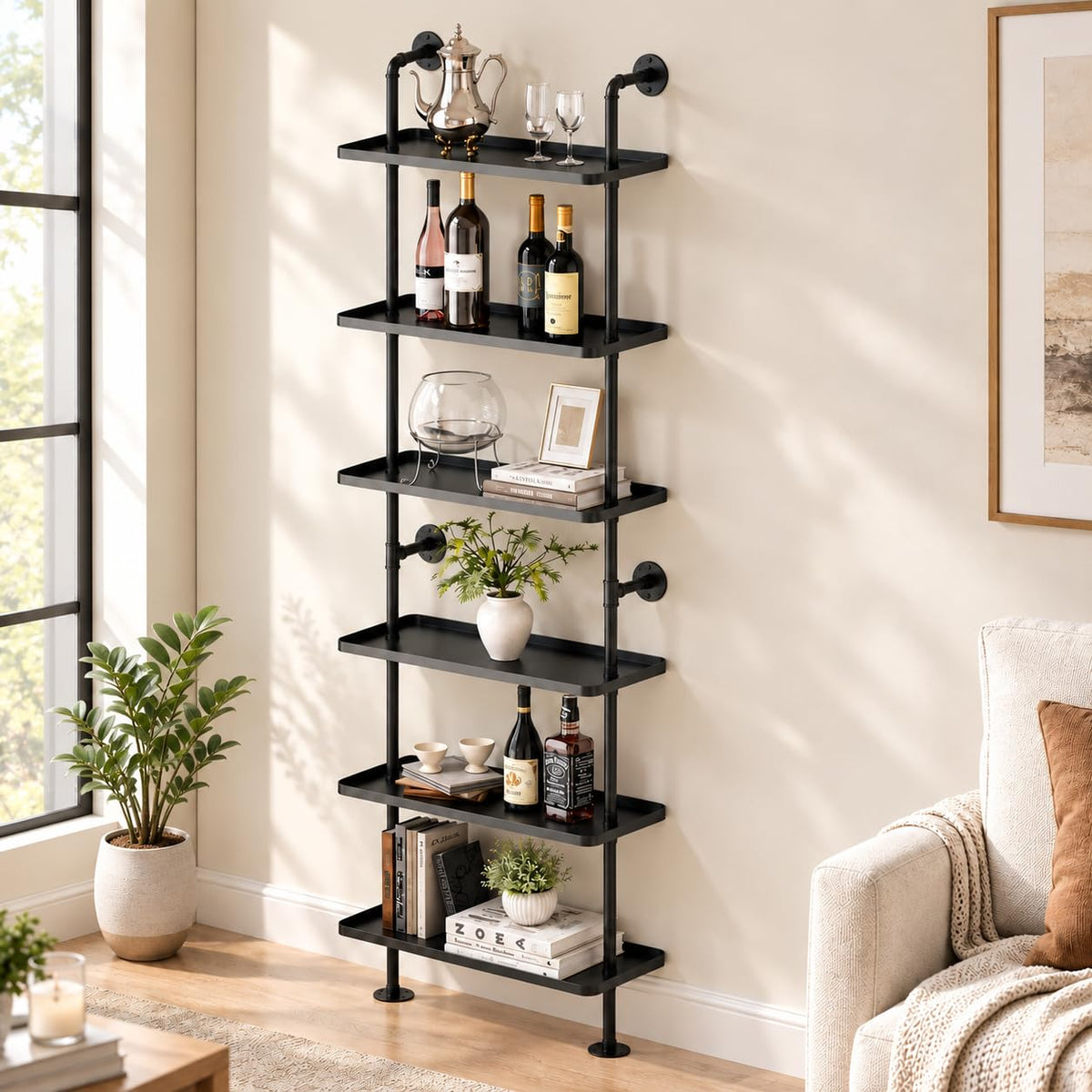KaKaBB 6-Tier Industrial Pipe Bar Shelves, Wall Mounted Wine Rack with Edge Protection, Liquor Bottle Display Shelf for Home Bar, Kitchen & Dining Room, 78.8 Inch Tall, Black