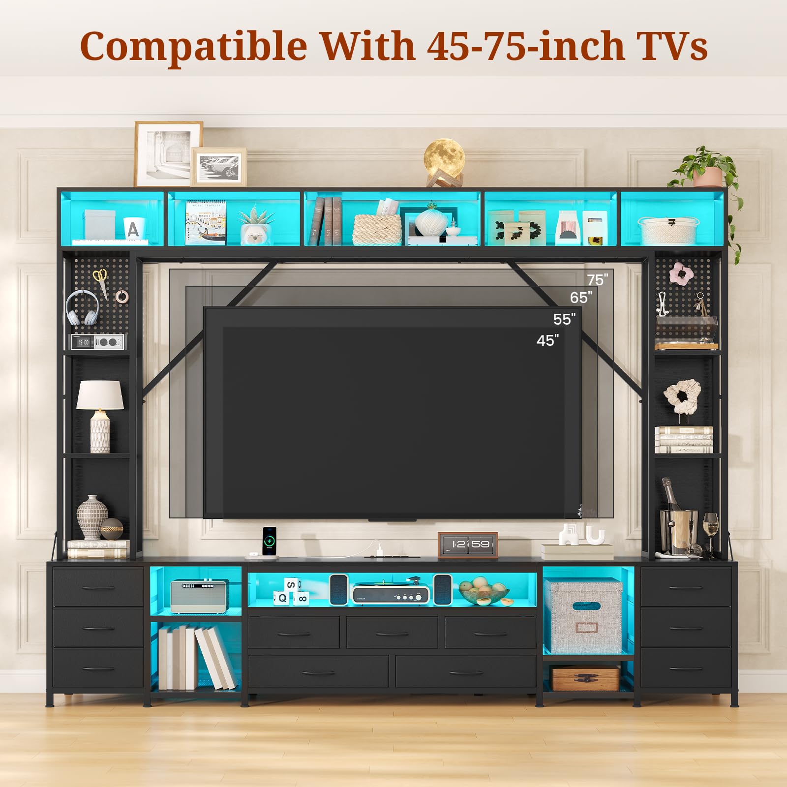 UPOSOJA Large Entertainment Center with 11 Fabric Drawers & LED Lights, Wall Unit TV Stand for Living Room Bookshelves for TVs up to 45"-75", Modern Industrial Style TV Stand