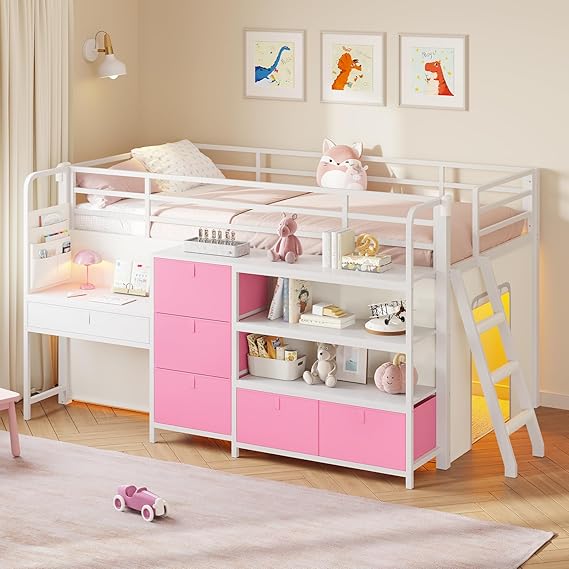Kids Twin Low Loft Bed with Desk, Storage & LED Play Tent