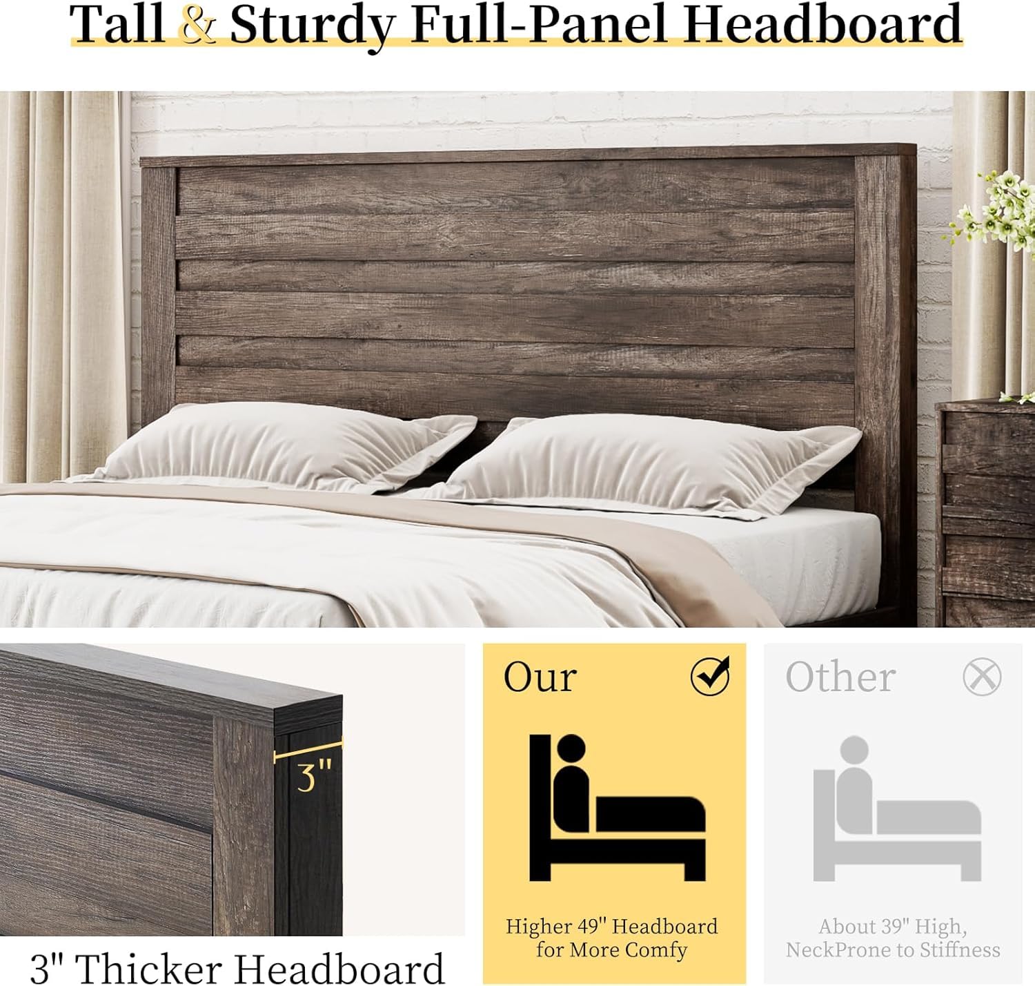 LUXOAK 2 Pcs Bedroom Furniture Sets - Includes 1 X Farmhouse 5 Drawers Dresser, 1X Farmhouse Full Size Bed Frame with 49" Tall Headboard, Wooden Platform Bed with Hidden Metal Bed Frame, Rustic Grey