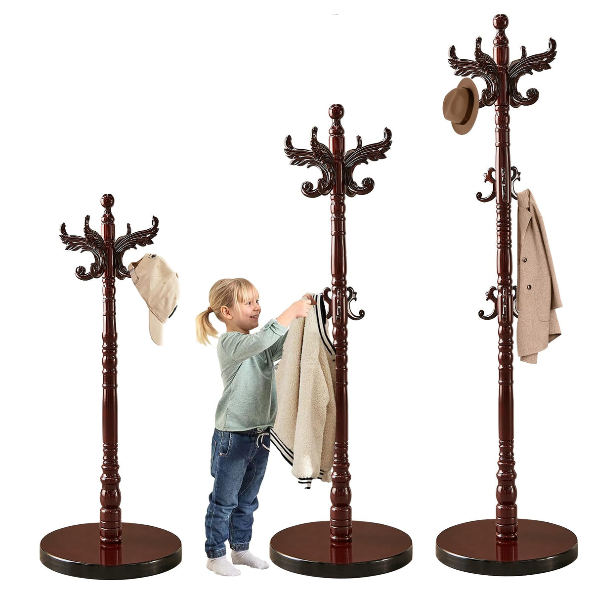 Snaikor Wooden Coat Rack Freestanding with Stable Round Base 14 Hooks