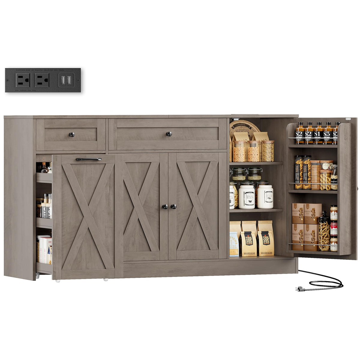 HOSTACK 59" W Kitchen Buffet Cabinet with Storage, Coffee Bar Cabinet, Grey