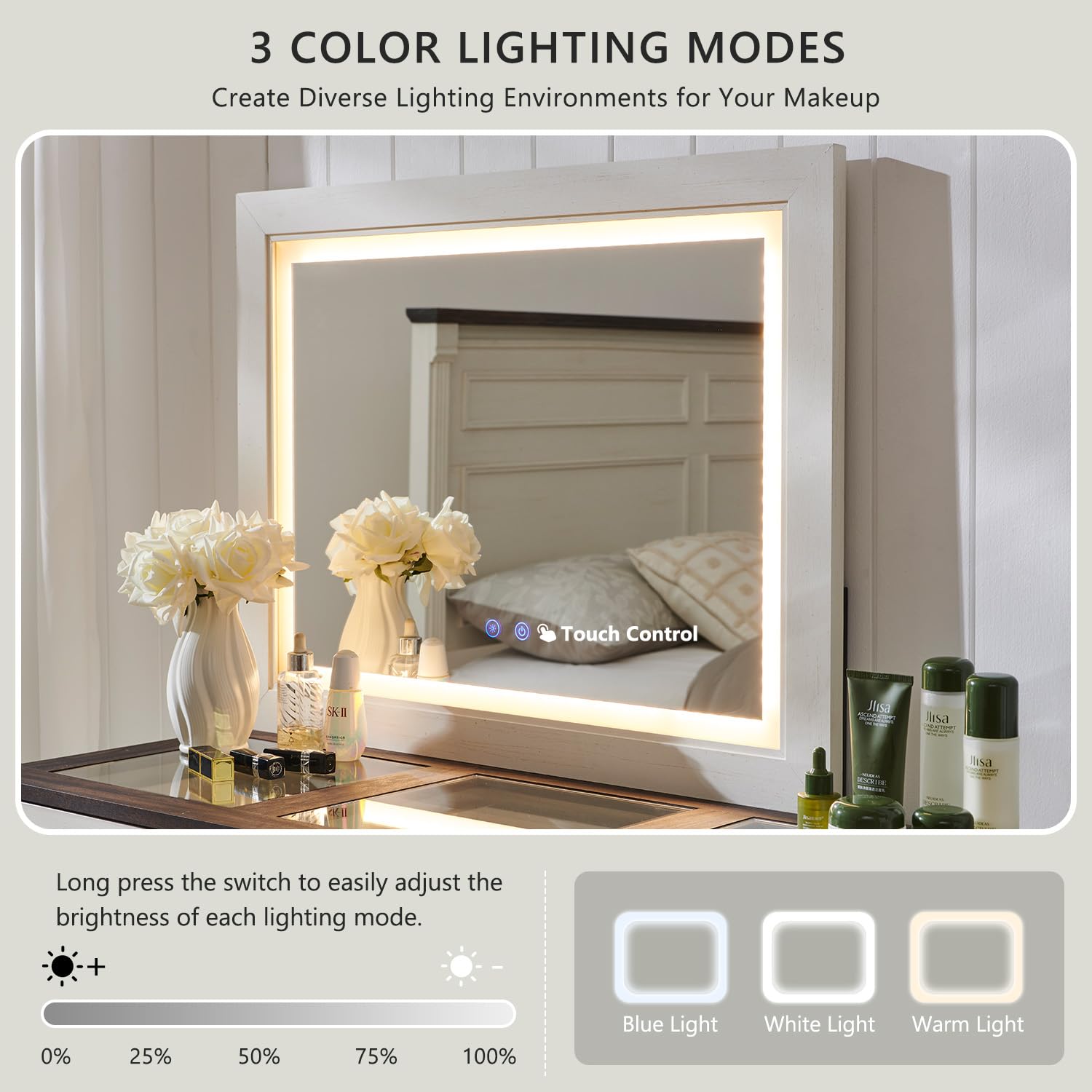 Aitjunz 69" W Big Vanity Desk with Glass Top, Farmhouse Makeup Table with 9 Large Storage Drawers, Rustic Wood Bedroom Dressing Table w/3 Color Available Light & 30" HD Led Mirror, Antique White