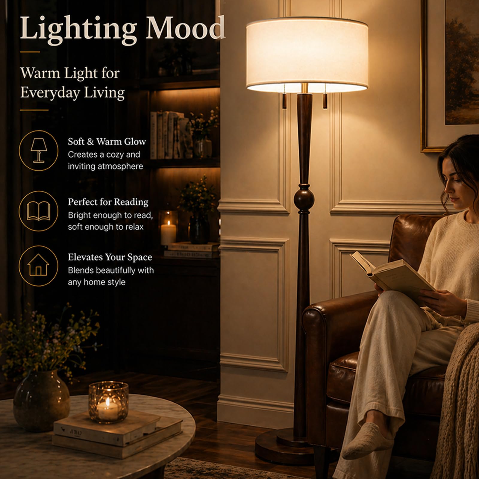 MOFFE 62.8" Solid Oak Wood Floor Lamp, Tall Standing Lamp with 2-Light Pull Chains, 17" White Linen Drum Shade, Sculptural Wood Base & Stem, Includes 2 LED Bulbs for Living Room, Bedroom, Office